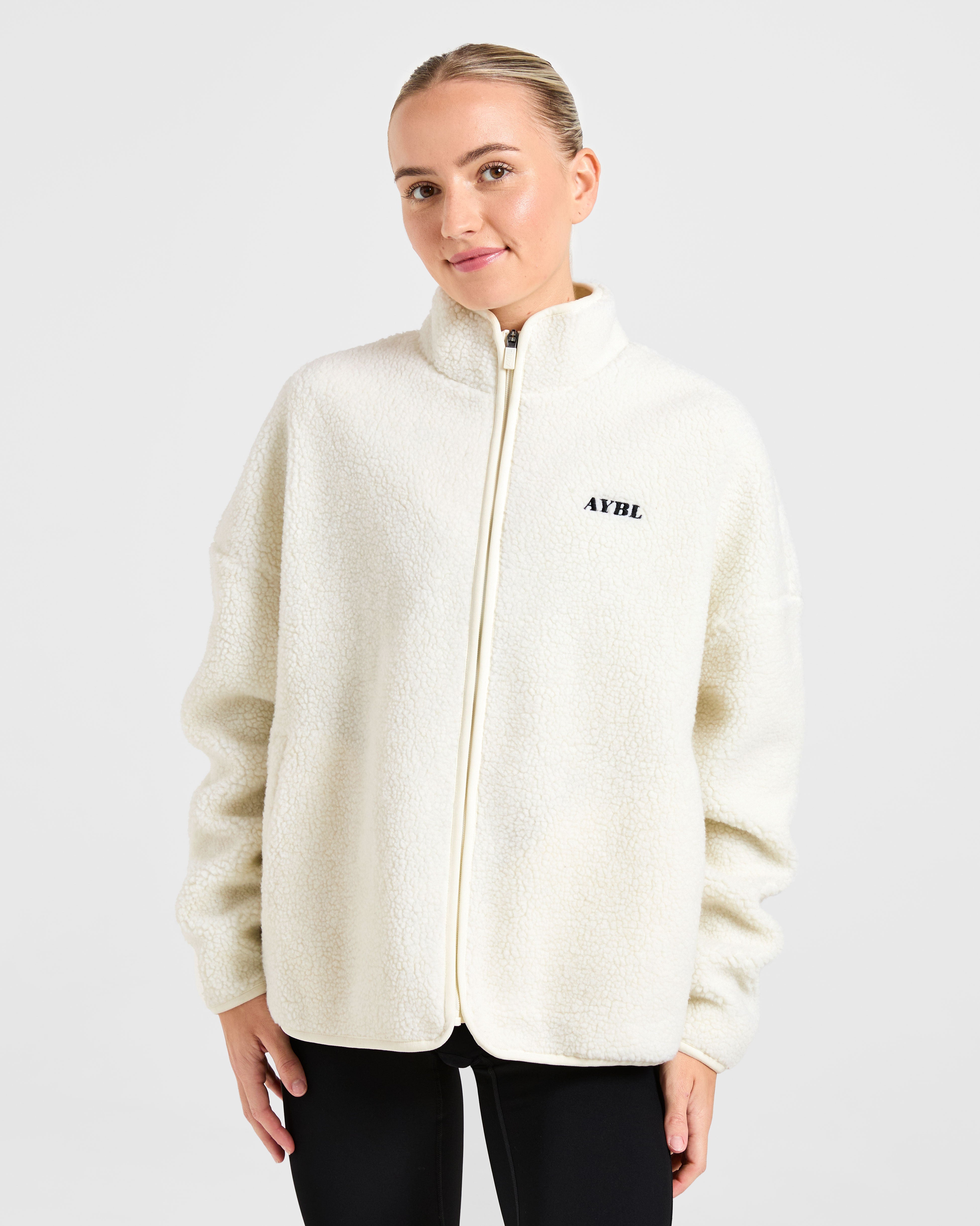 Oversized Zip Up Fleece Jacket - Crème