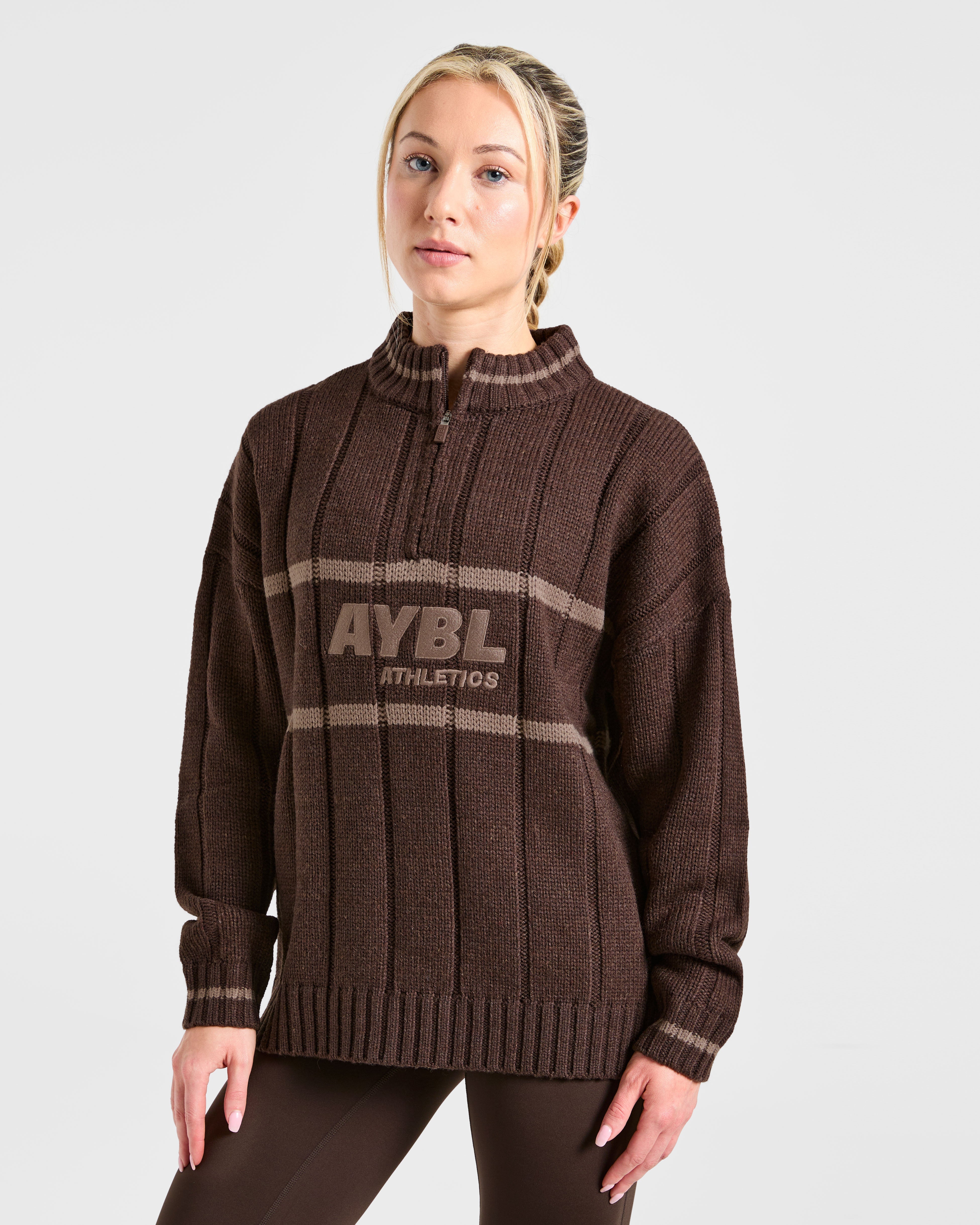 Athletics Oversized Knitted 1/4 Zip - Marron