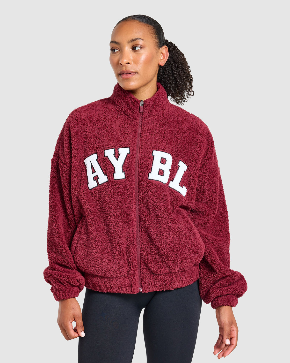 Varsity Oversized Fleece Zip Up Jacket - Mahogany Rouge