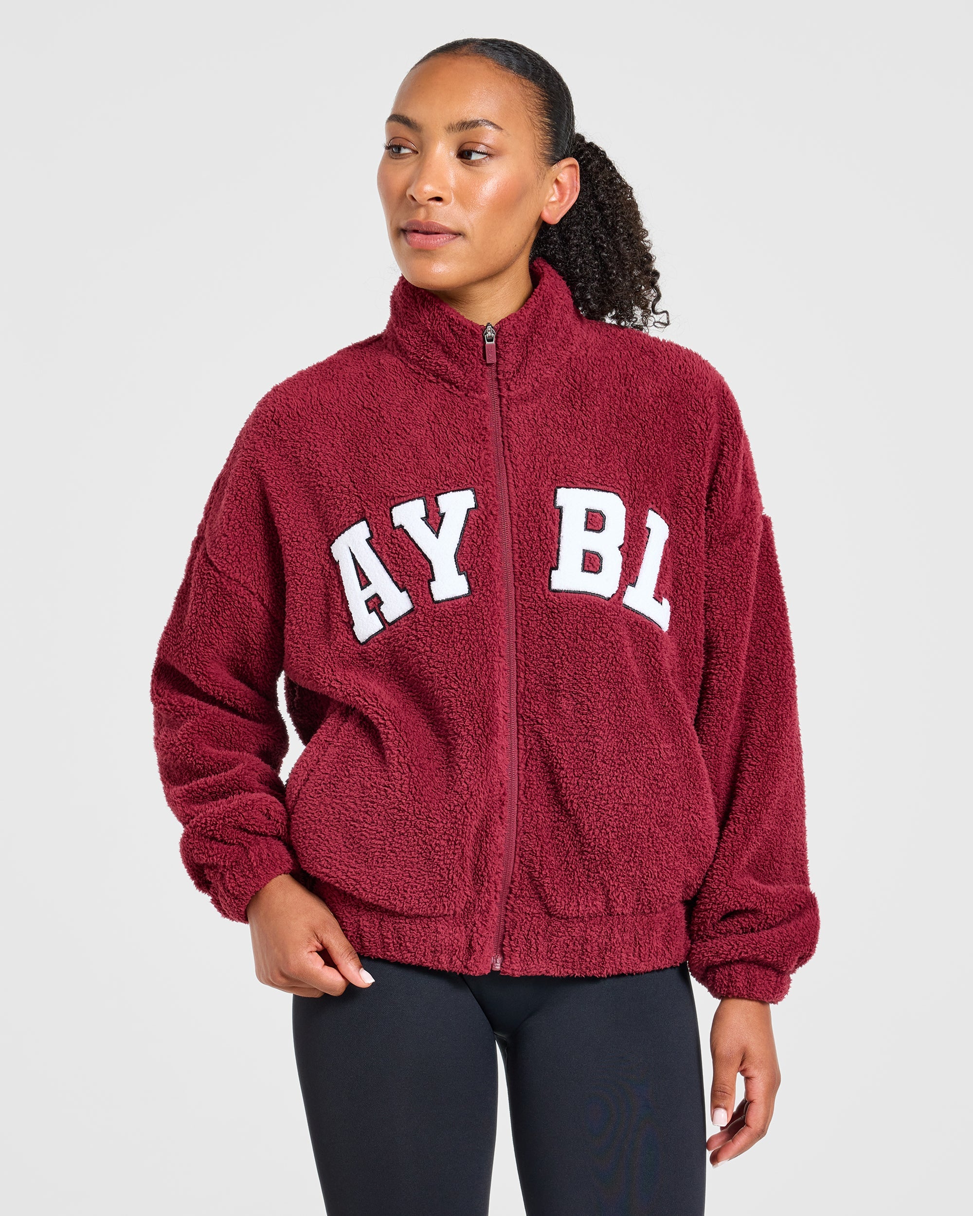 Varsity Oversized Fleece Zip Up Jacket - Mahogany Rouge