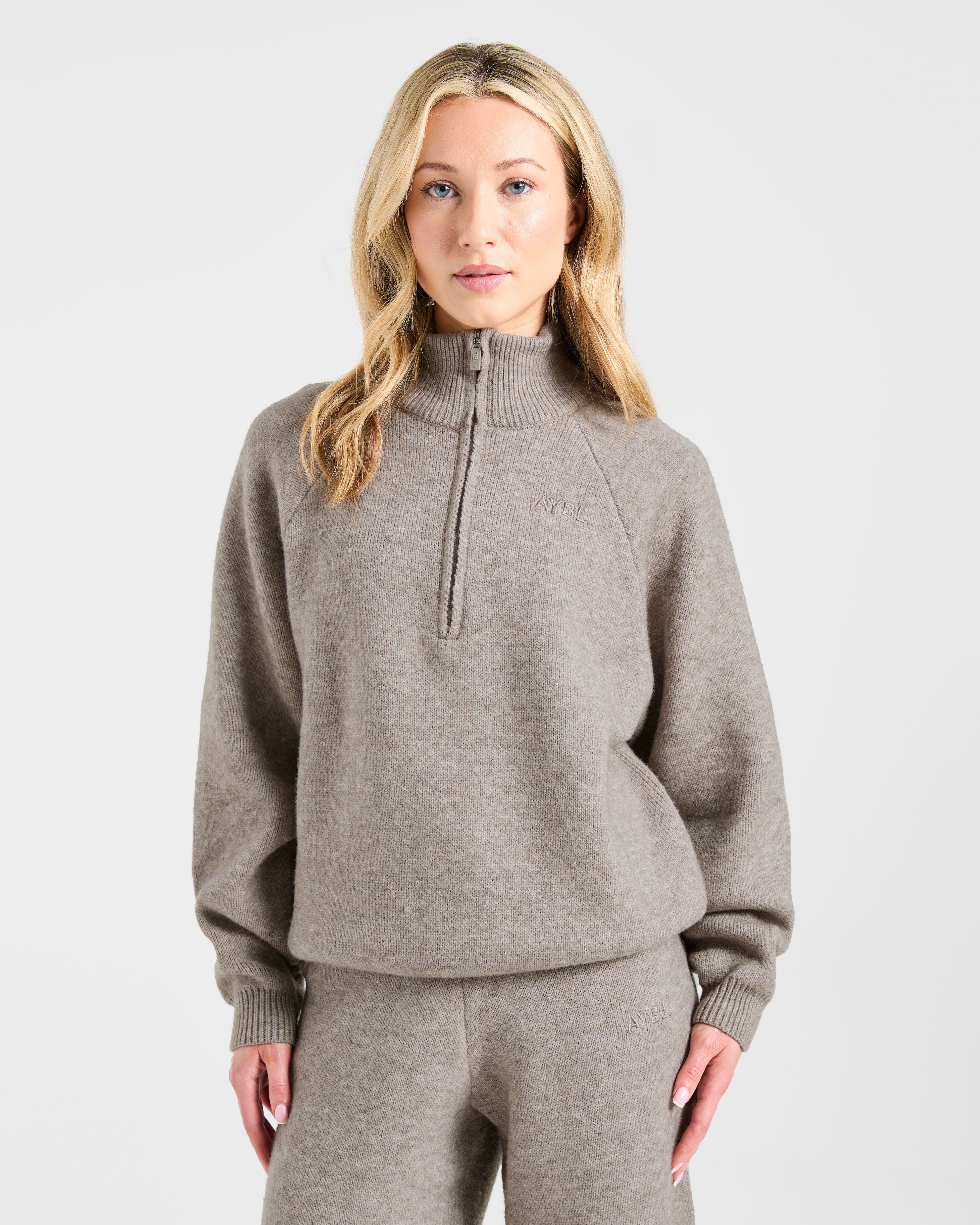 Soft Oversized Knitted 1/4 Zip - Marron Marl
