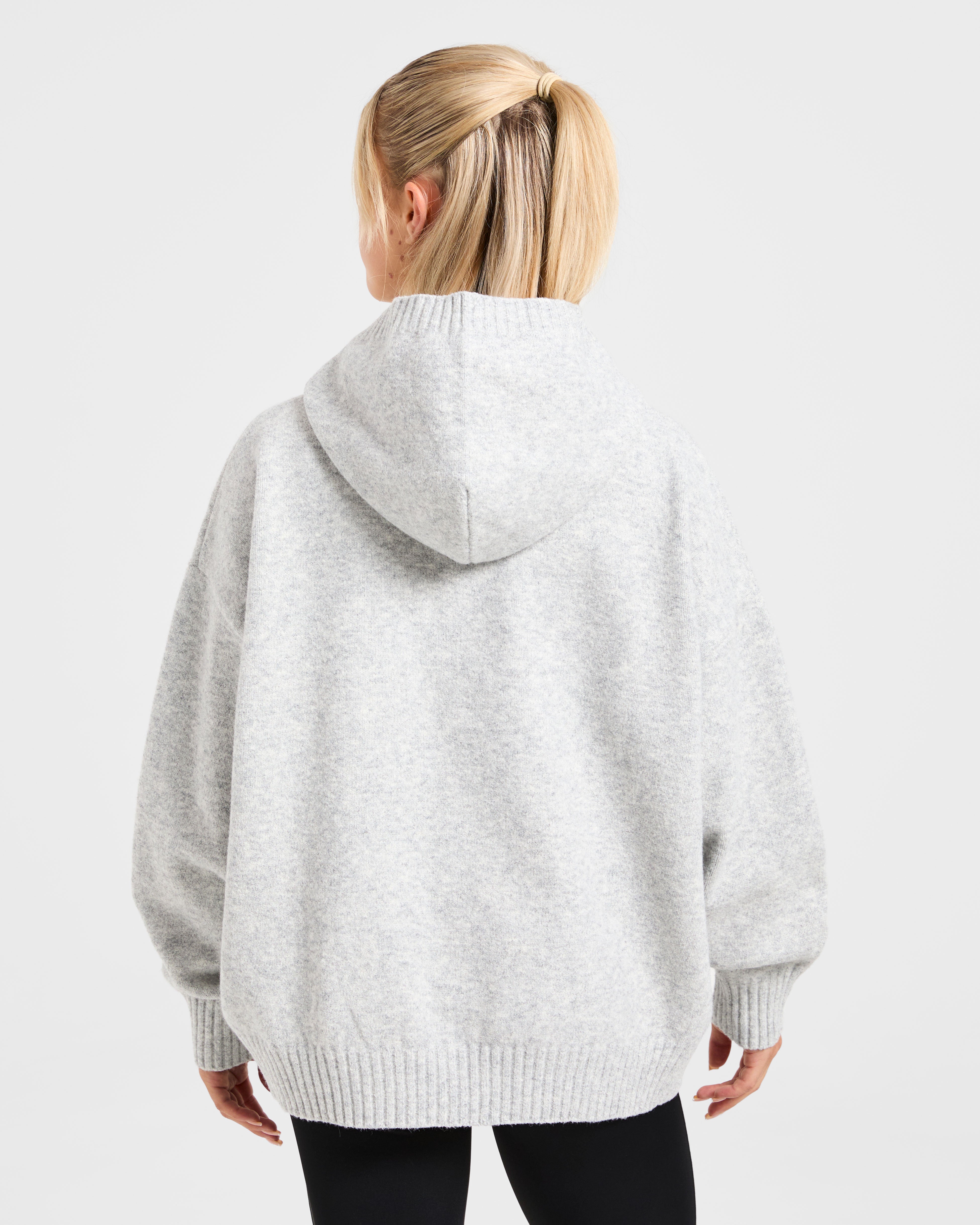 Varsity Minimal Logo Oversized Knitted Hoodie - Gris Marl/Burgundy