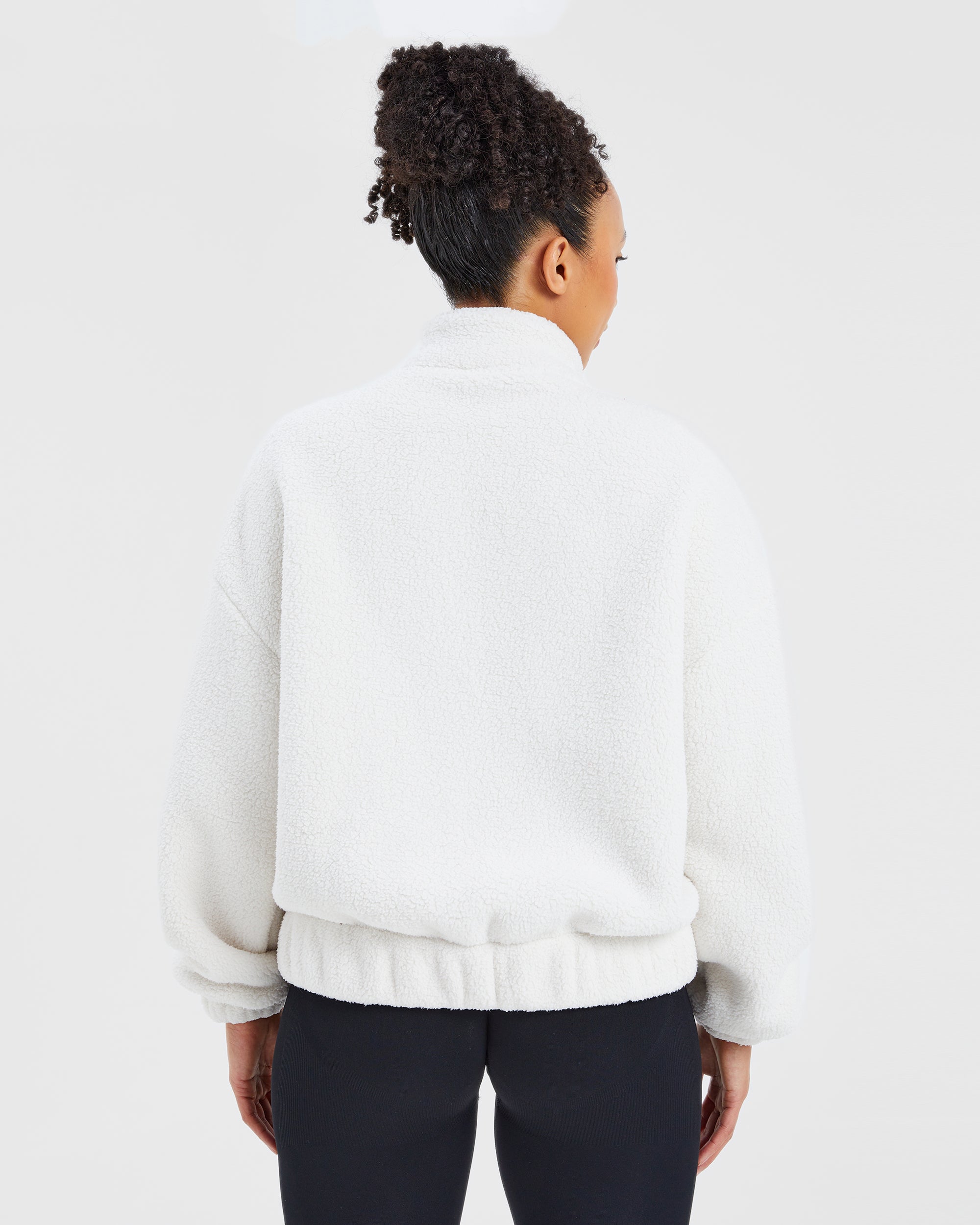 Varsity Oversized Fleece Zip Up Jacket - Cream/White