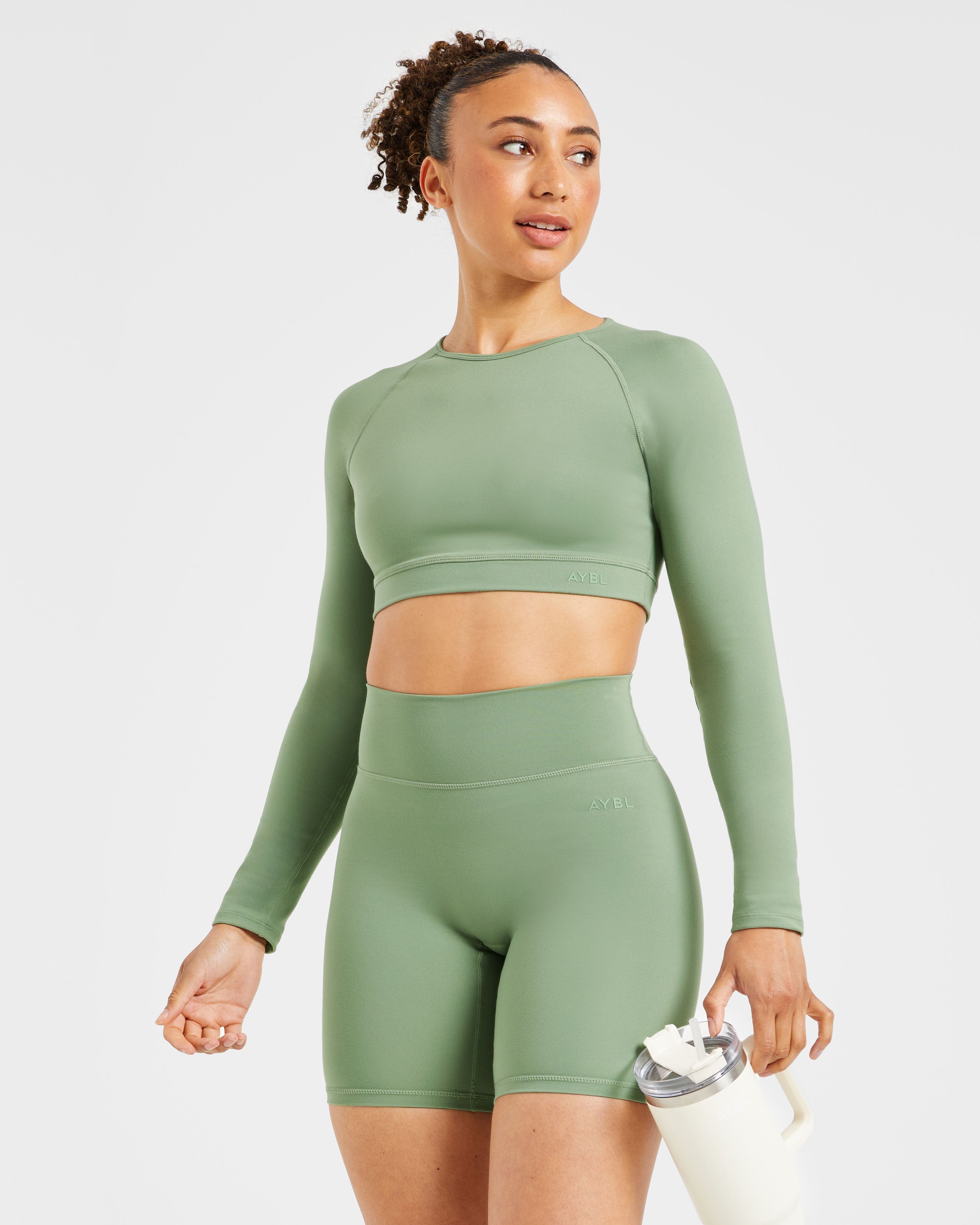 Staple Long Sleeve Crop Top - Olive Vert