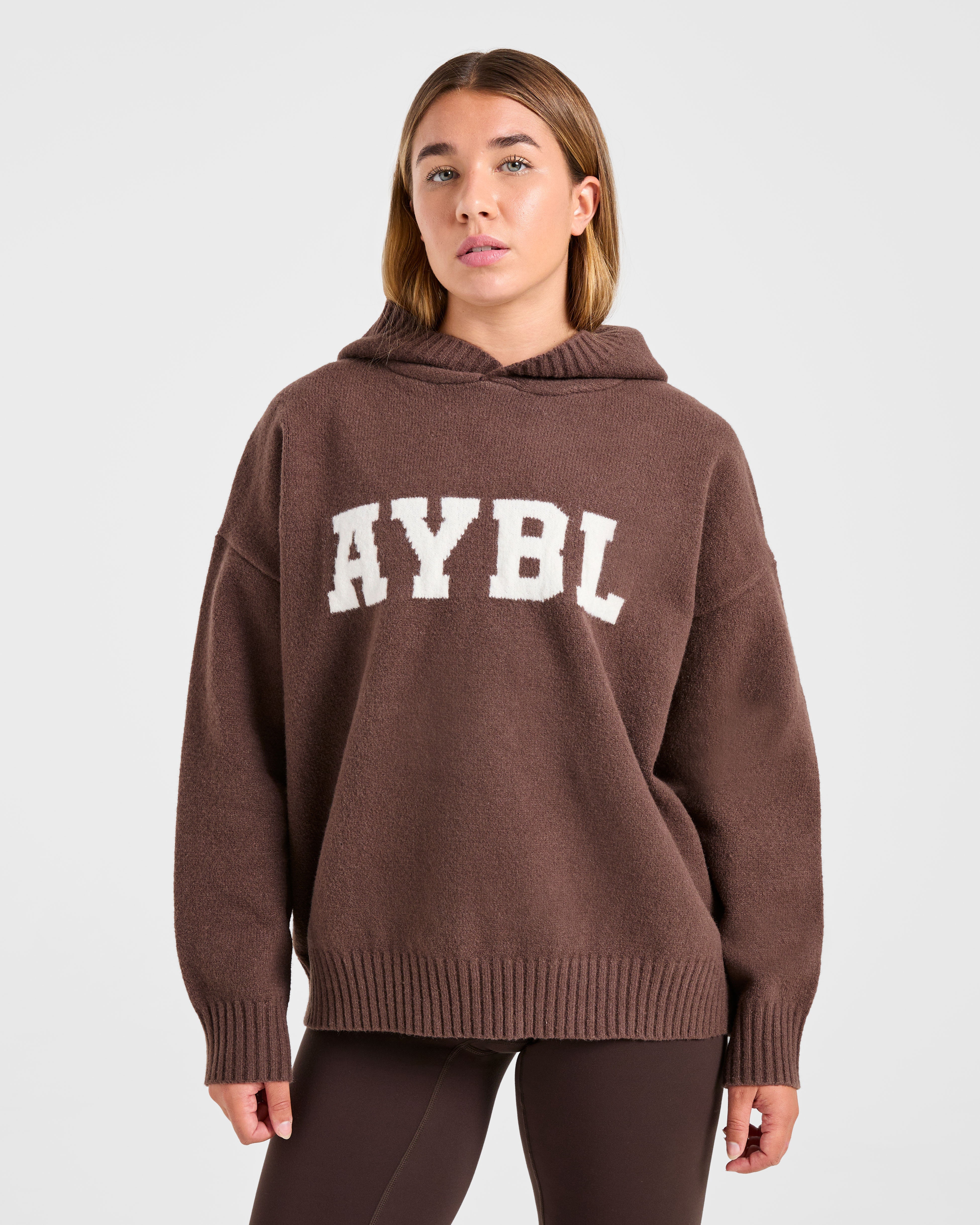 Varsity Oversized Knitted Hoodie - Marron