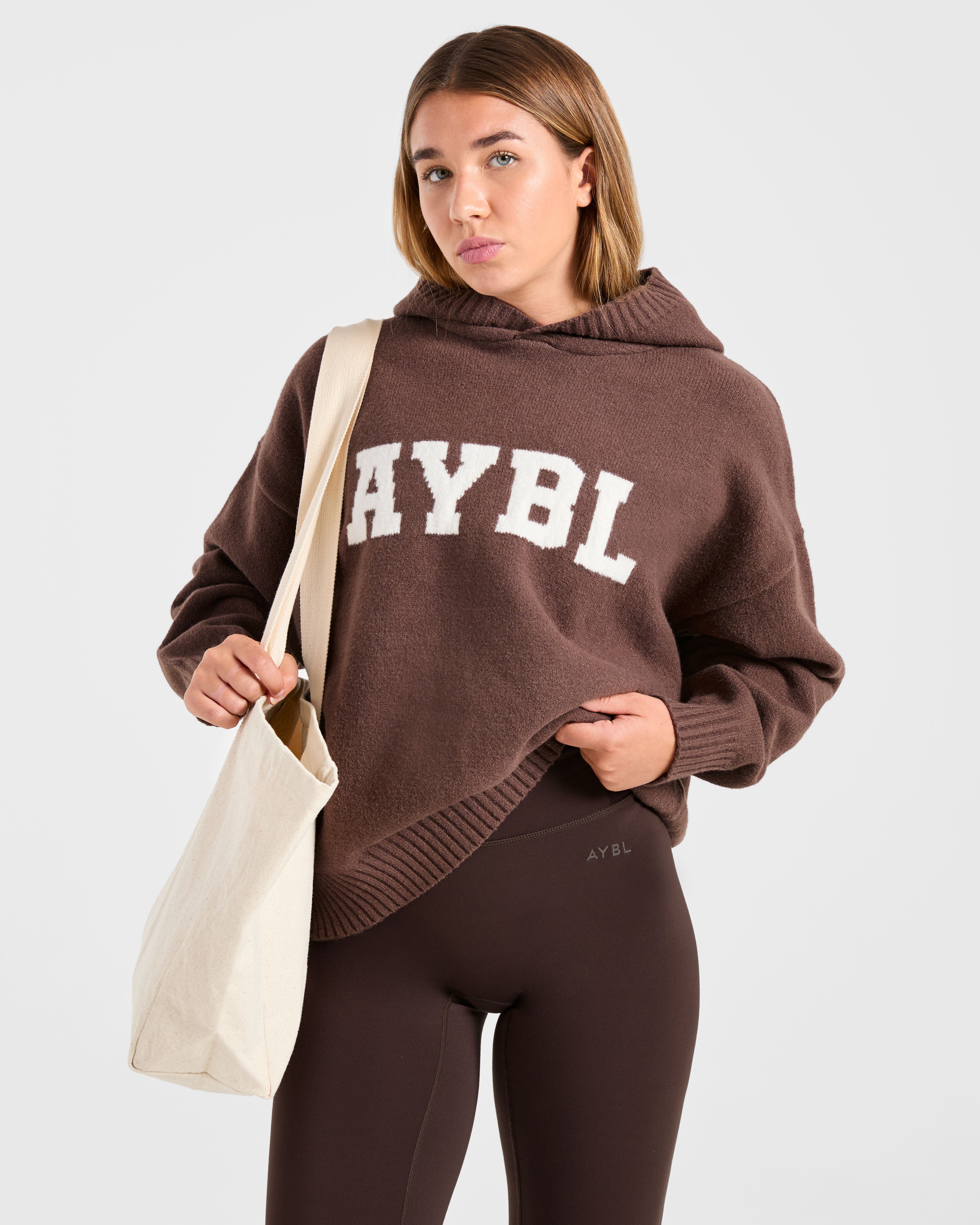 Varsity Oversized Knitted Hoodie - Marron