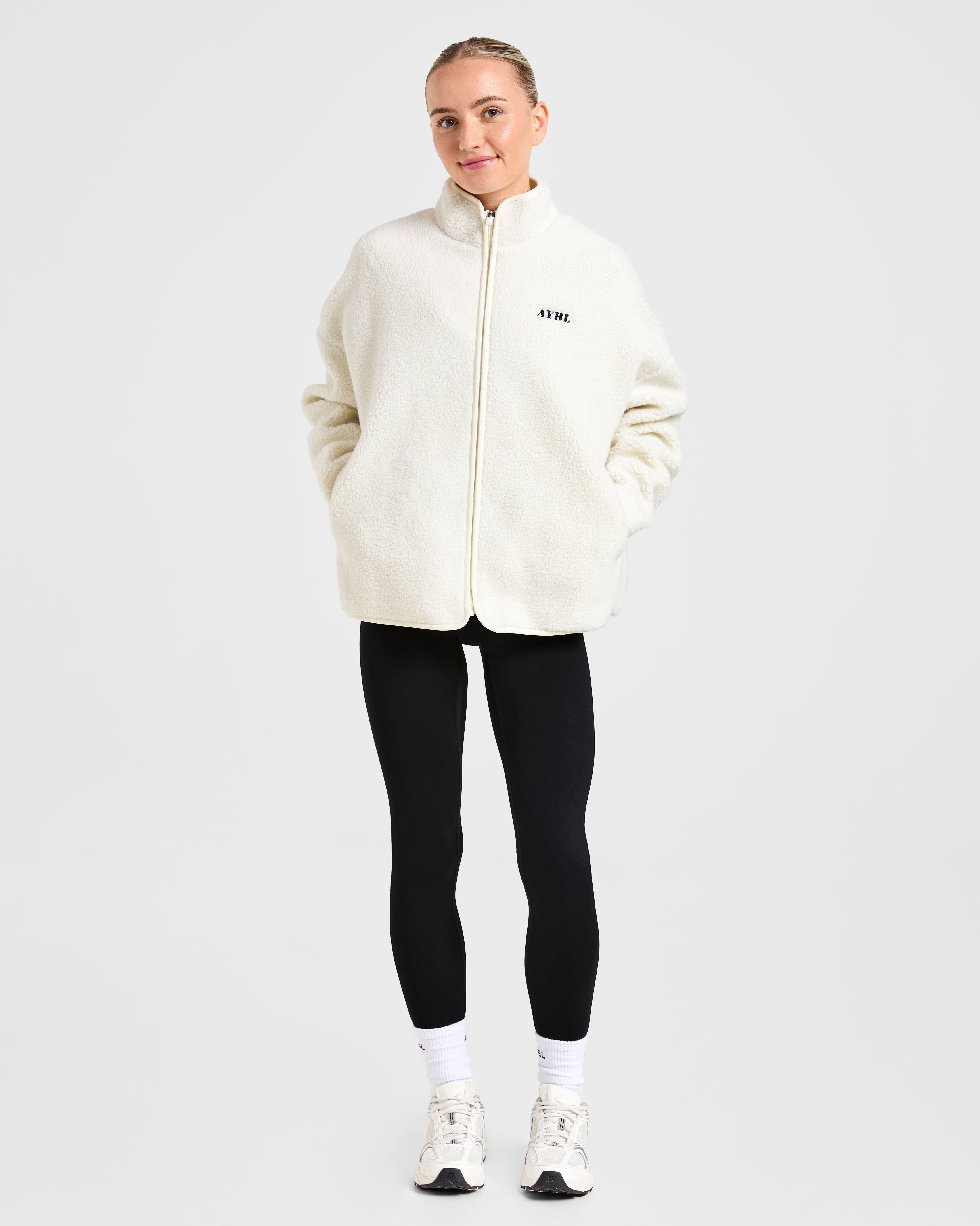 Oversized Zip Up Fleece Jacket - Crème