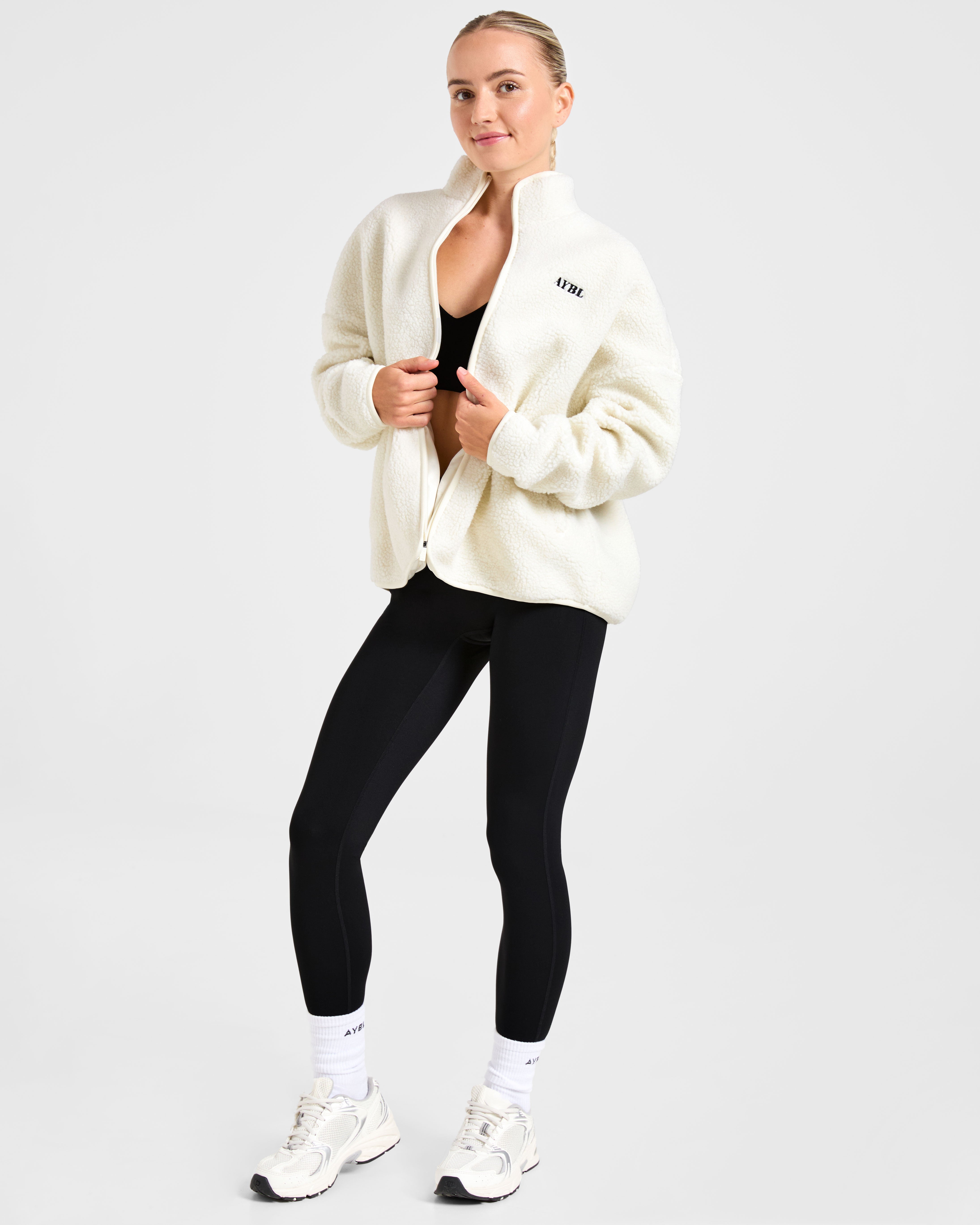 Oversized Zip Up Fleece Jacket - Crème