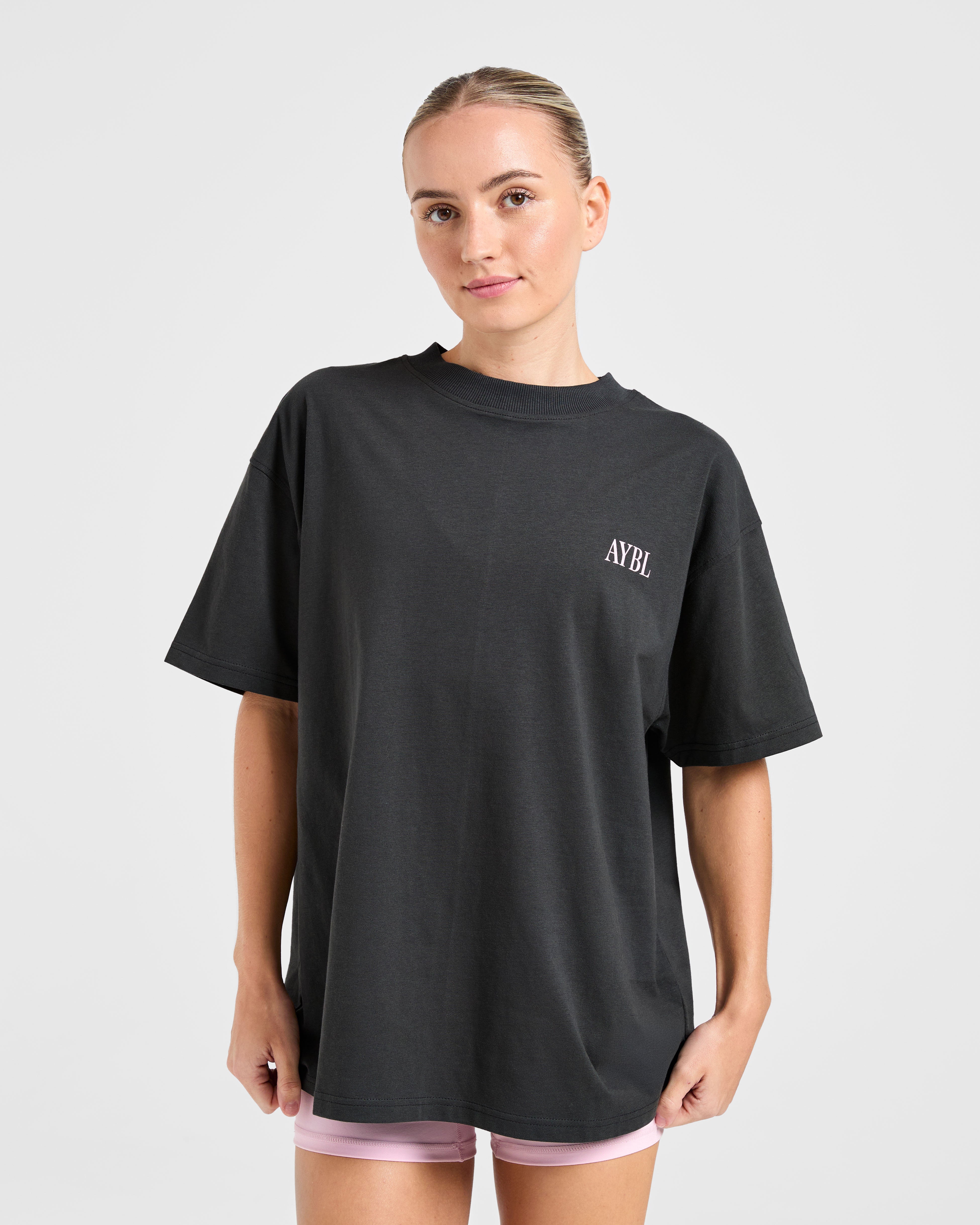 AYBL Strength Studio Oversized T Shirt - Charcoal/Rose