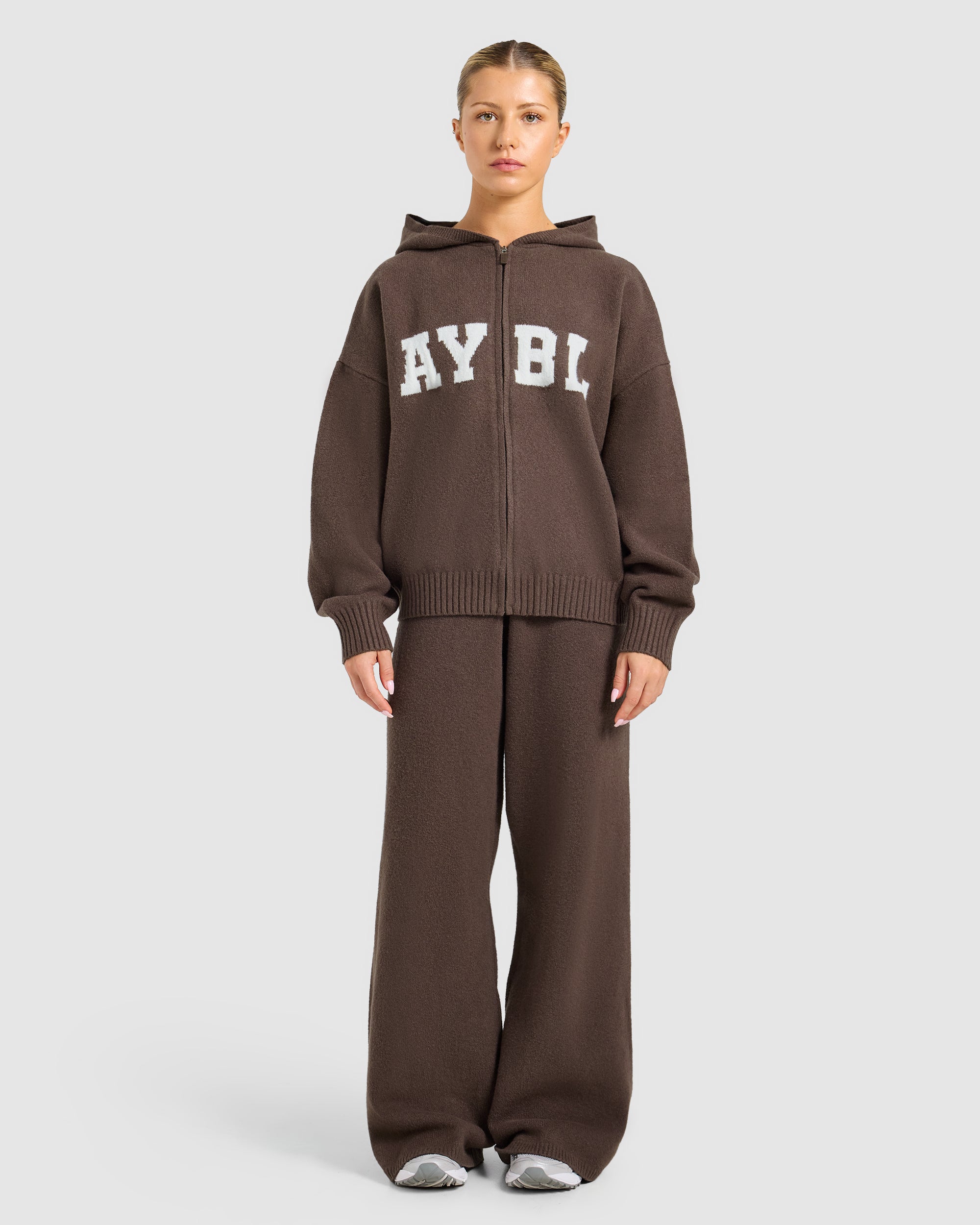 Varsity Oversized Knitted Zip Up Hoodie - Marron
