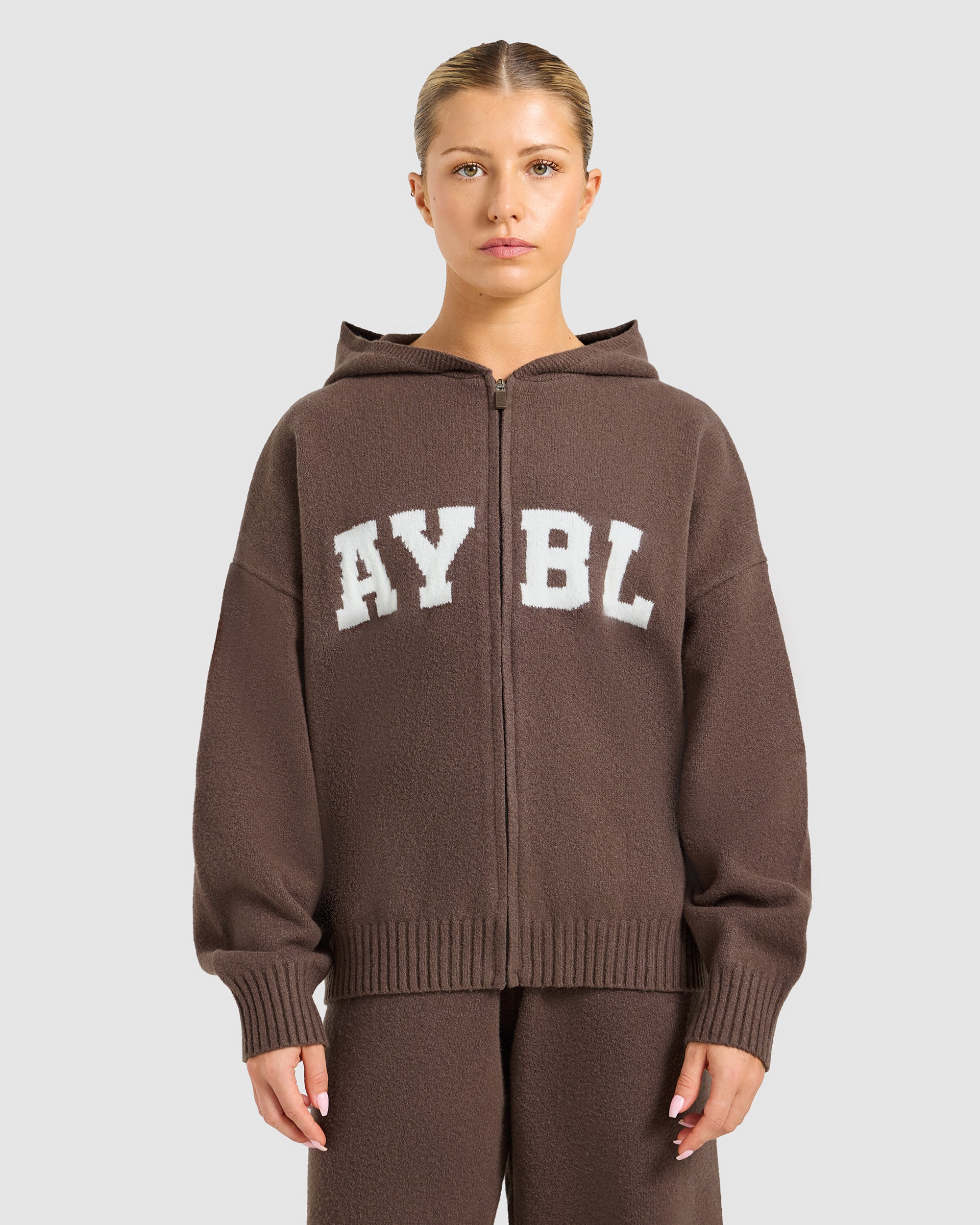 Varsity Oversized Knitted Zip Up Hoodie - Marron