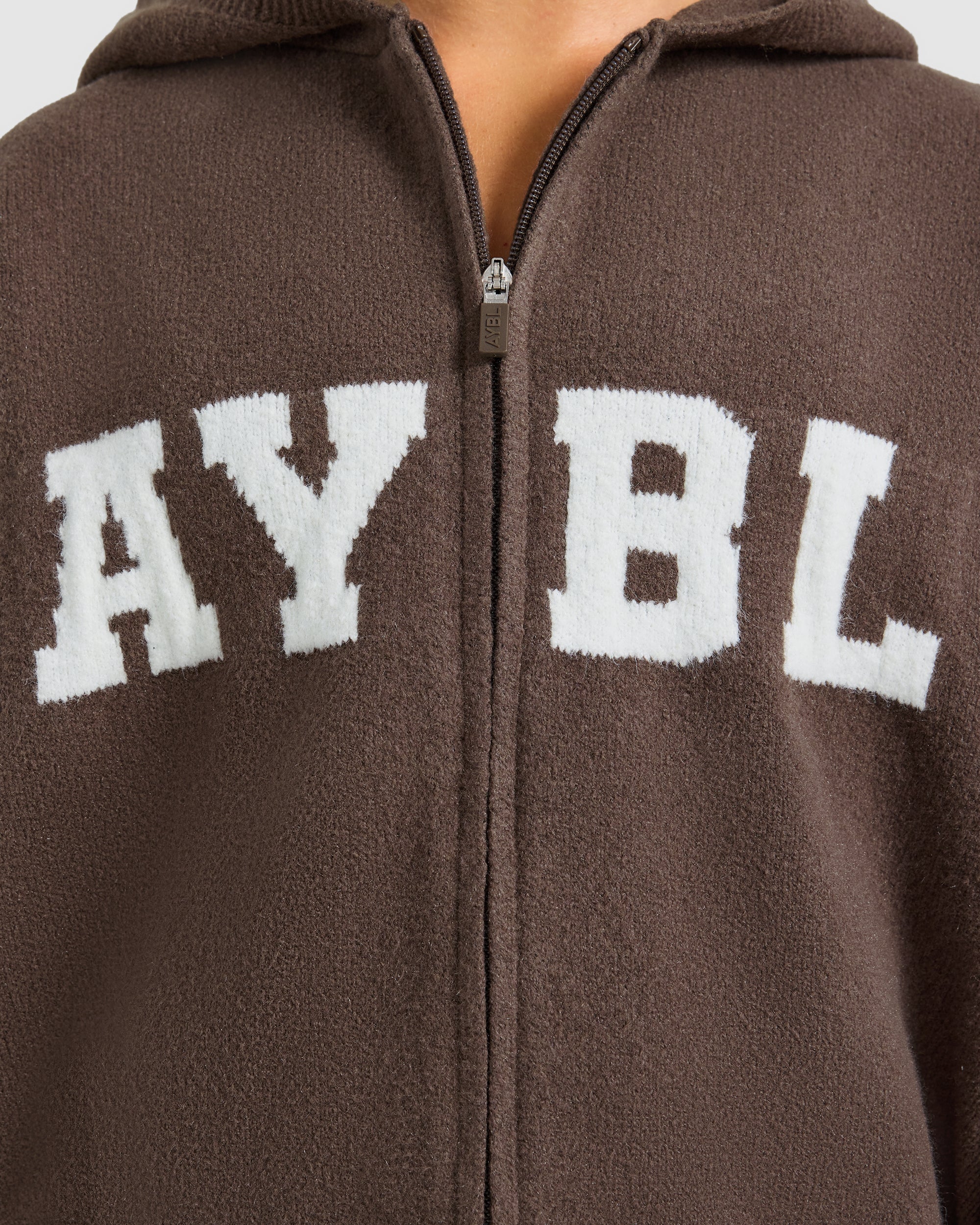 Varsity Oversized Knitted Zip Up Hoodie - Marron