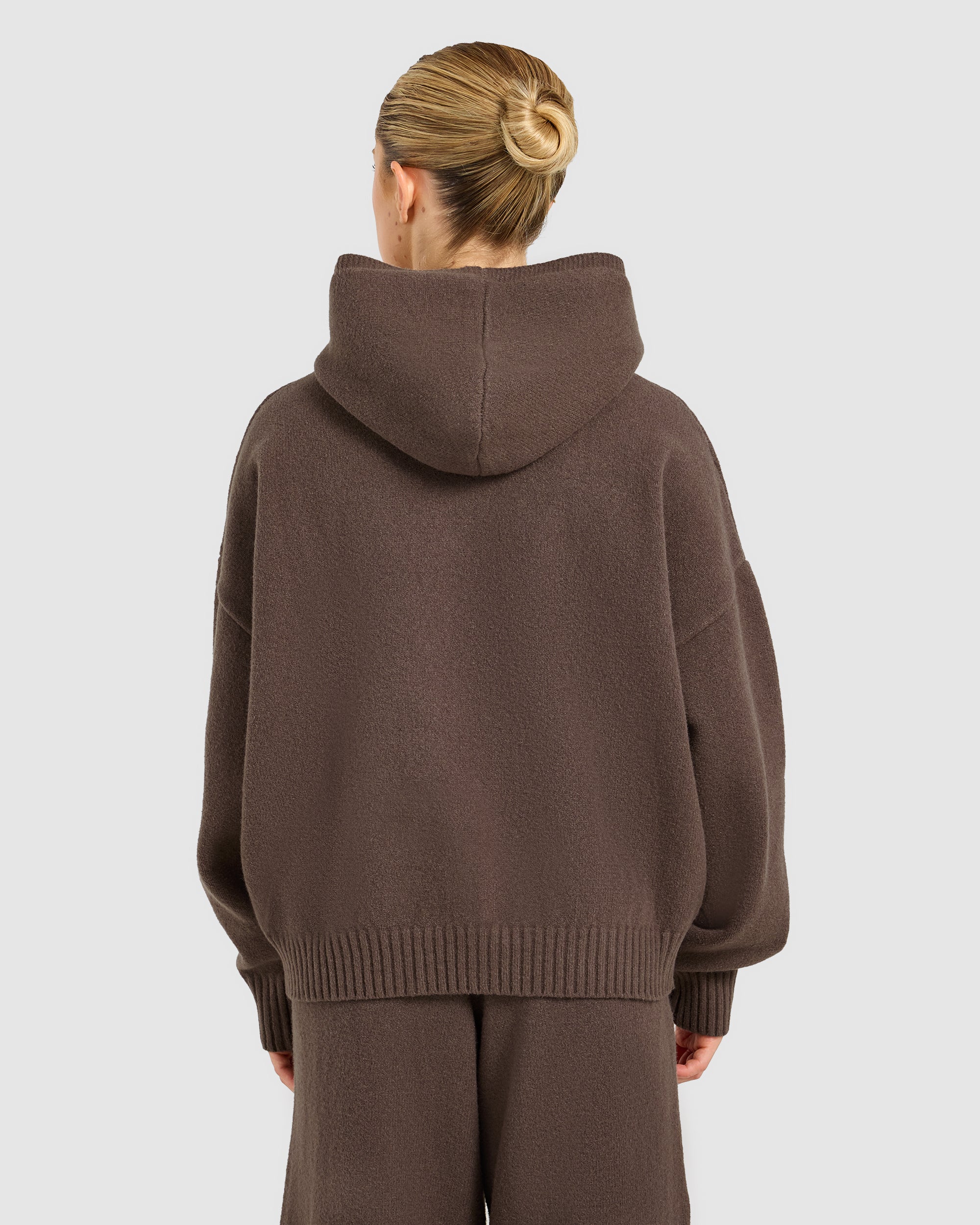 Varsity Oversized Knitted Zip Up Hoodie - Marron