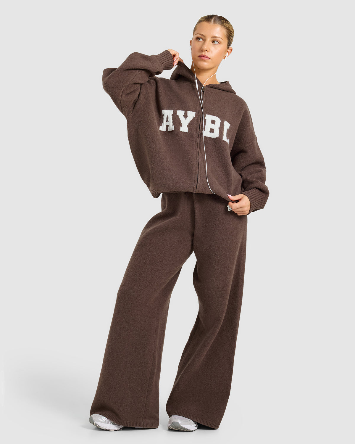Varsity Oversized Knitted Zip Up Hoodie - Marron