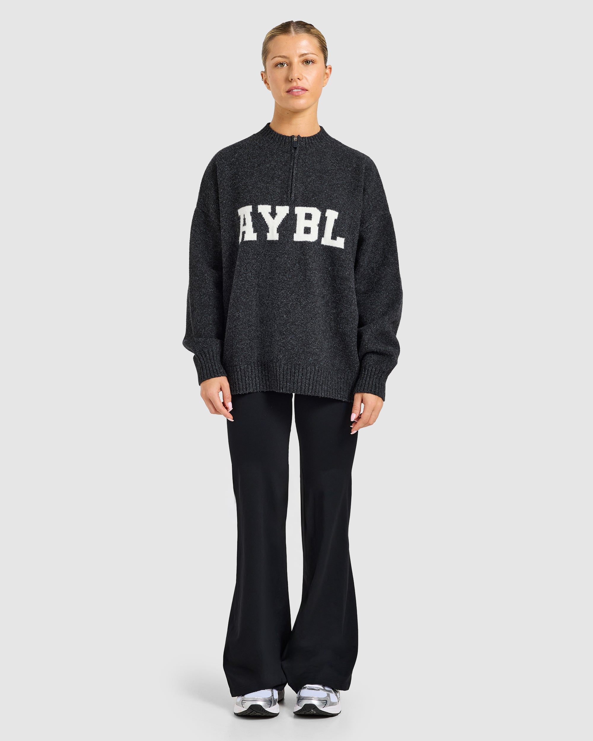 Varsity Oversized Knitted 1/4 Zip Pullover - Charcoal