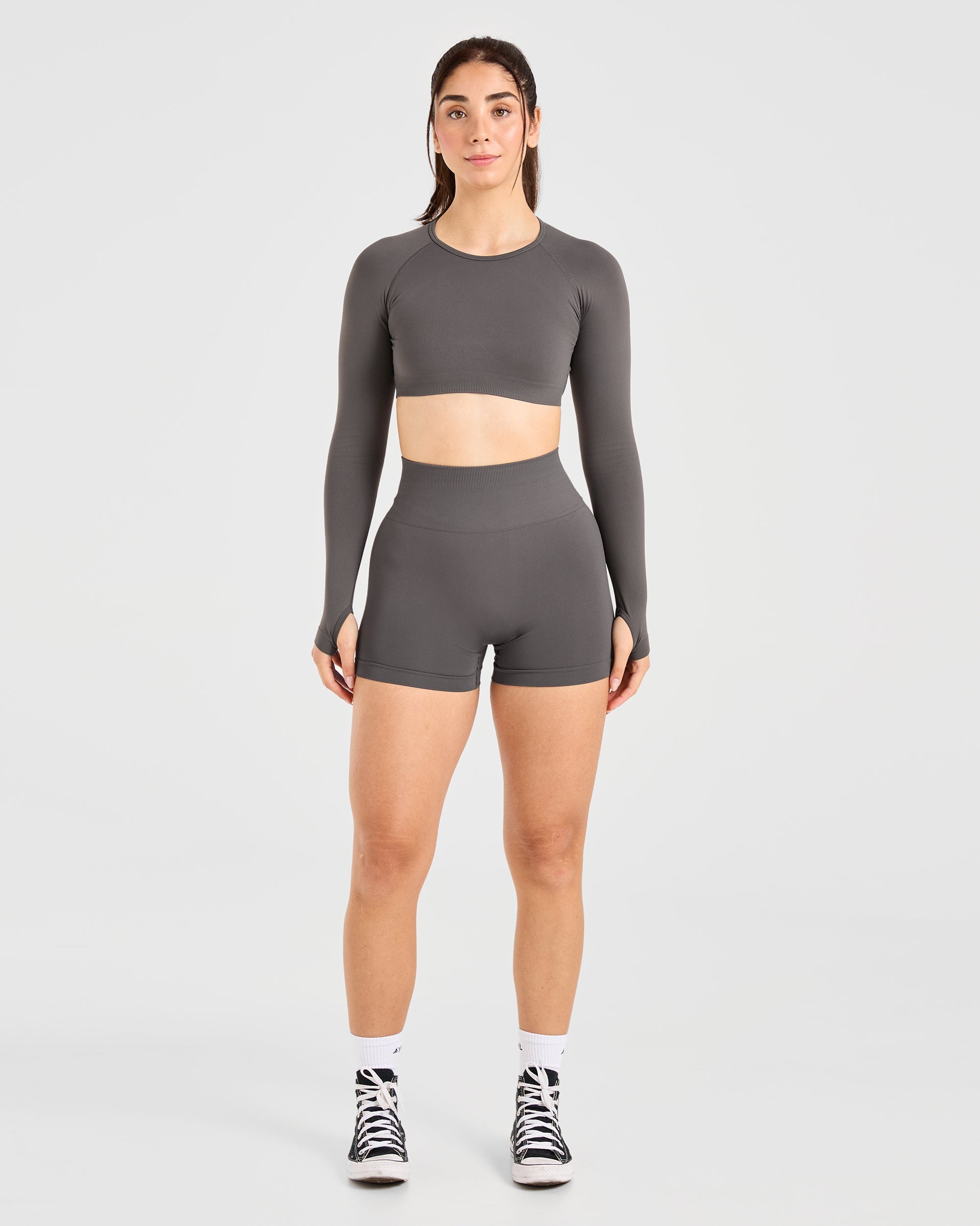 Power Seamless Long Sleeve Crop Top - Charcoal