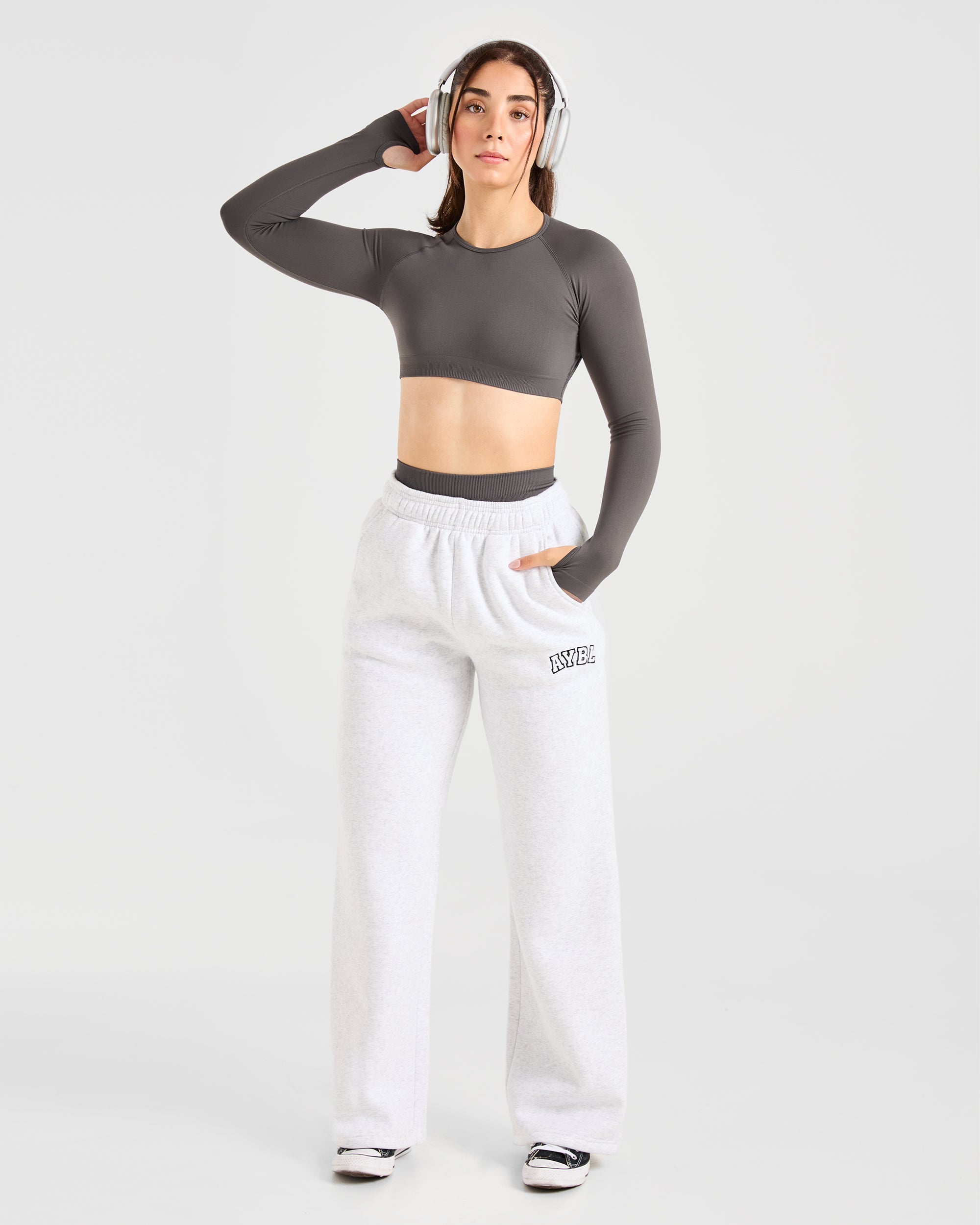 Power Seamless Long Sleeve Crop Top - Charcoal