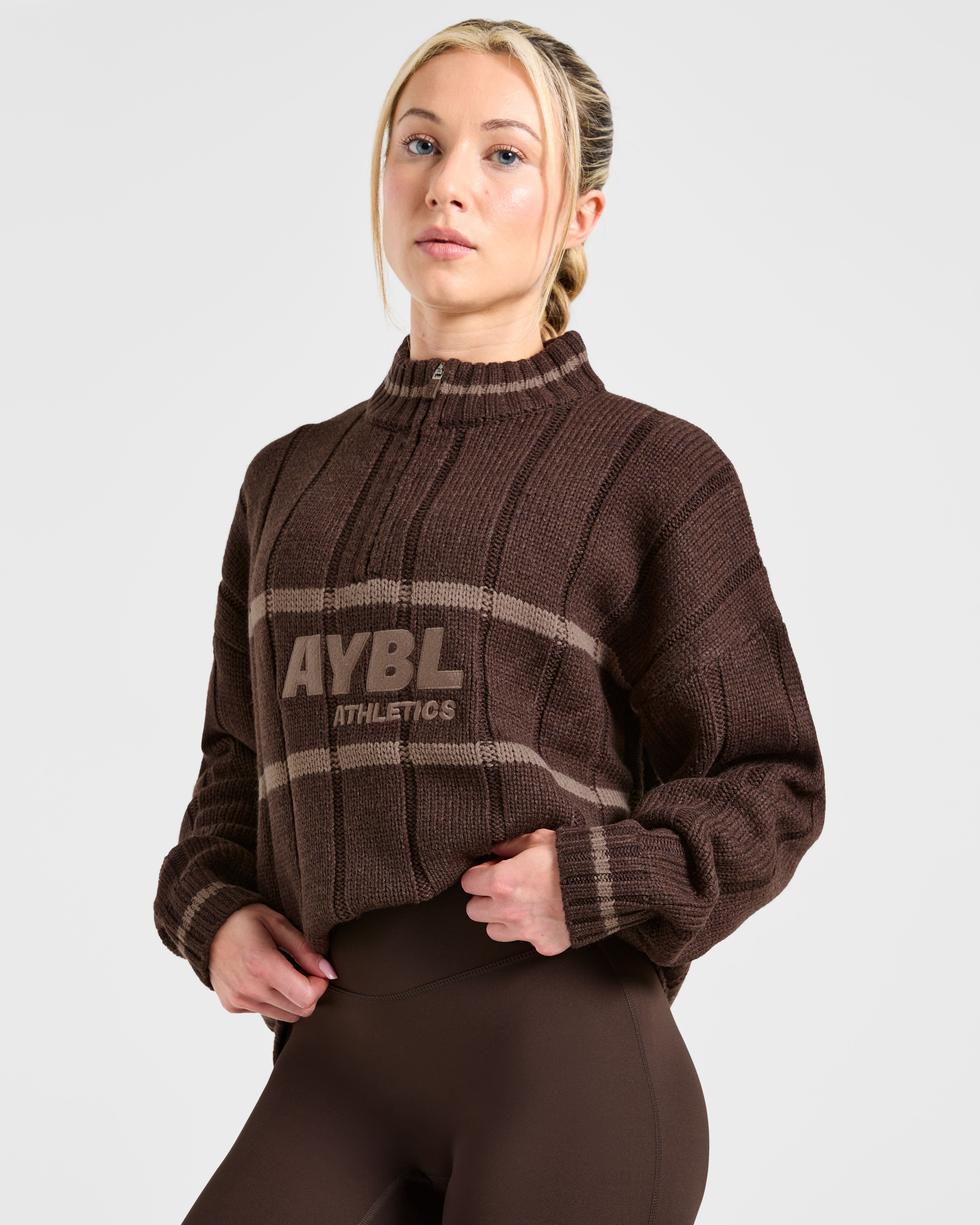 Athletics Oversized Knitted 1/4 Zip - Marron