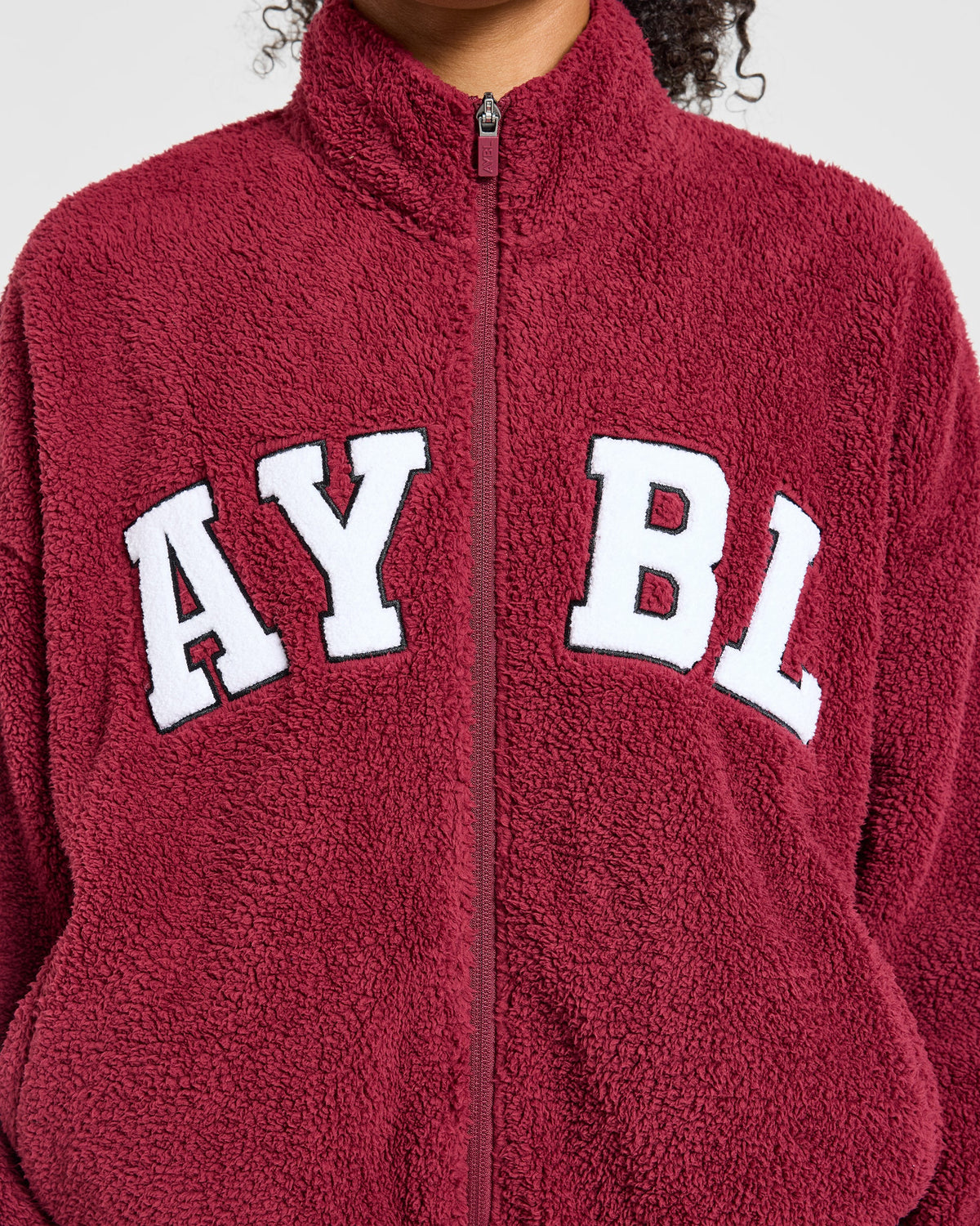 Varsity Oversized Fleece Zip Up Jacket - Mahogany Rouge