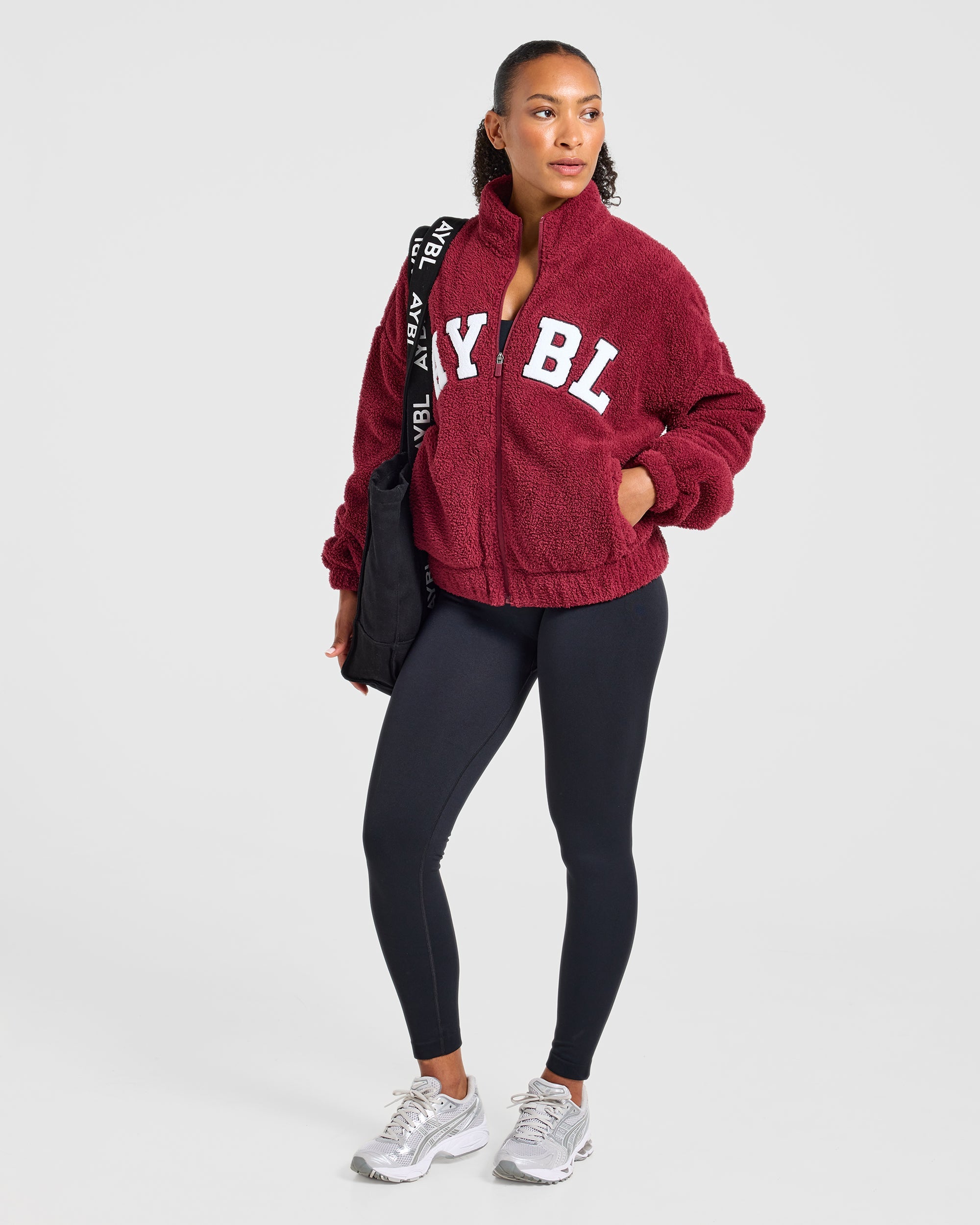Varsity Oversized Fleece Zip Up Jacket - Mahogany Rouge