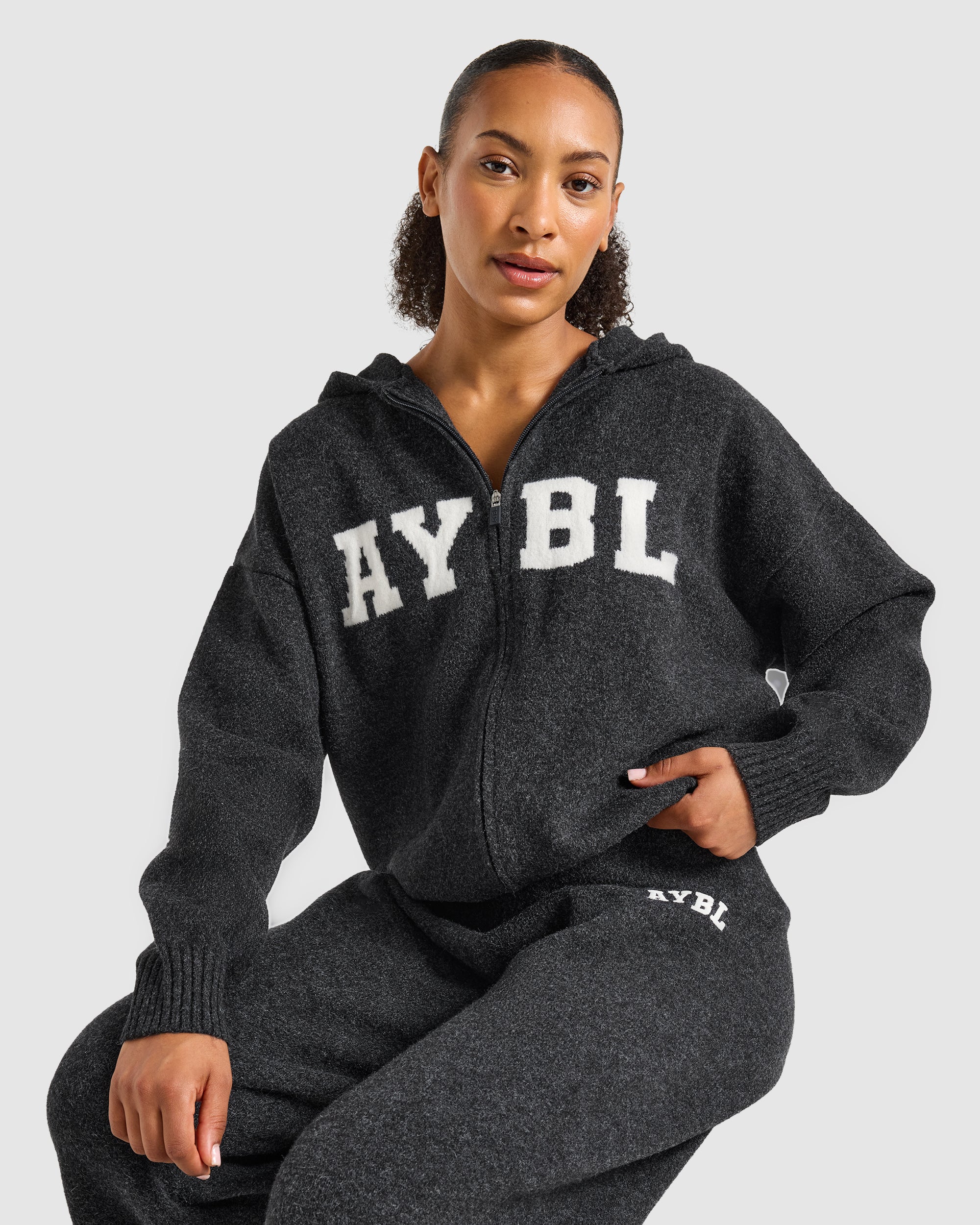 Varsity Oversized Knitted Zip Up Hoodie - Charcoal
