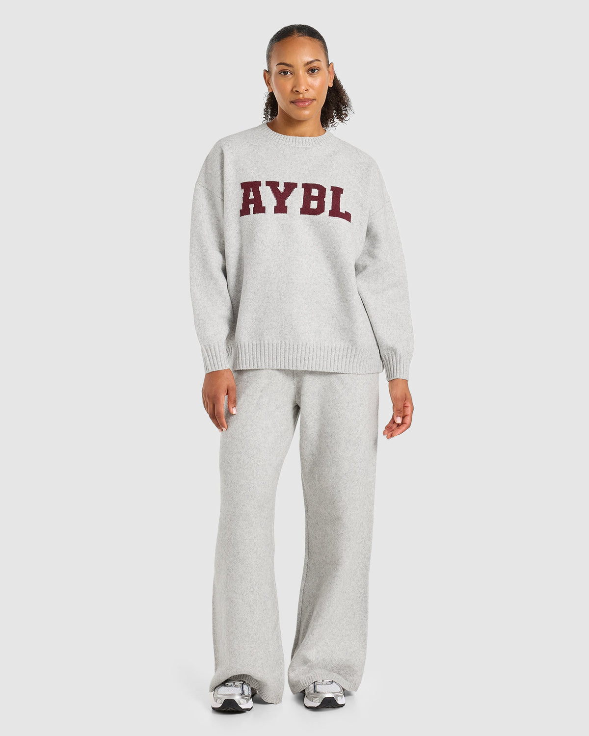 Varsity Oversized Knitted Joggers - Gris Marl/Burgundy