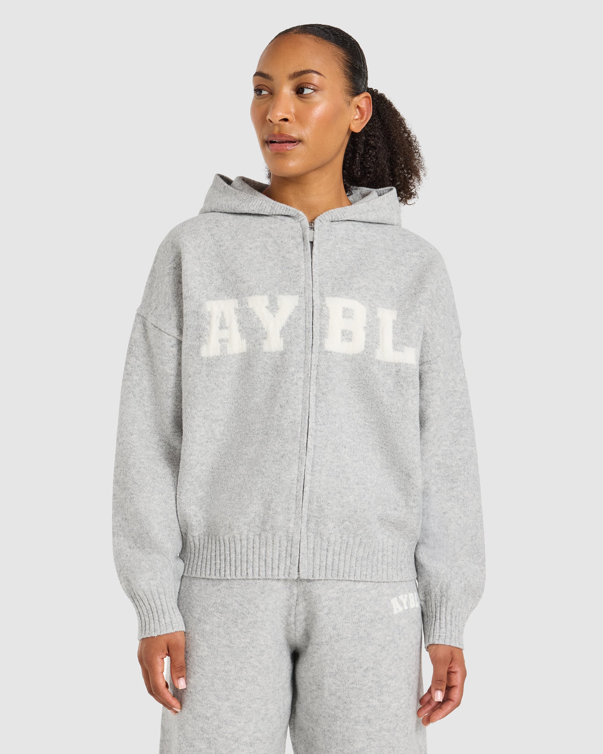Varsity Oversized Knitted Zip Up Hoodie - Gris Marl
