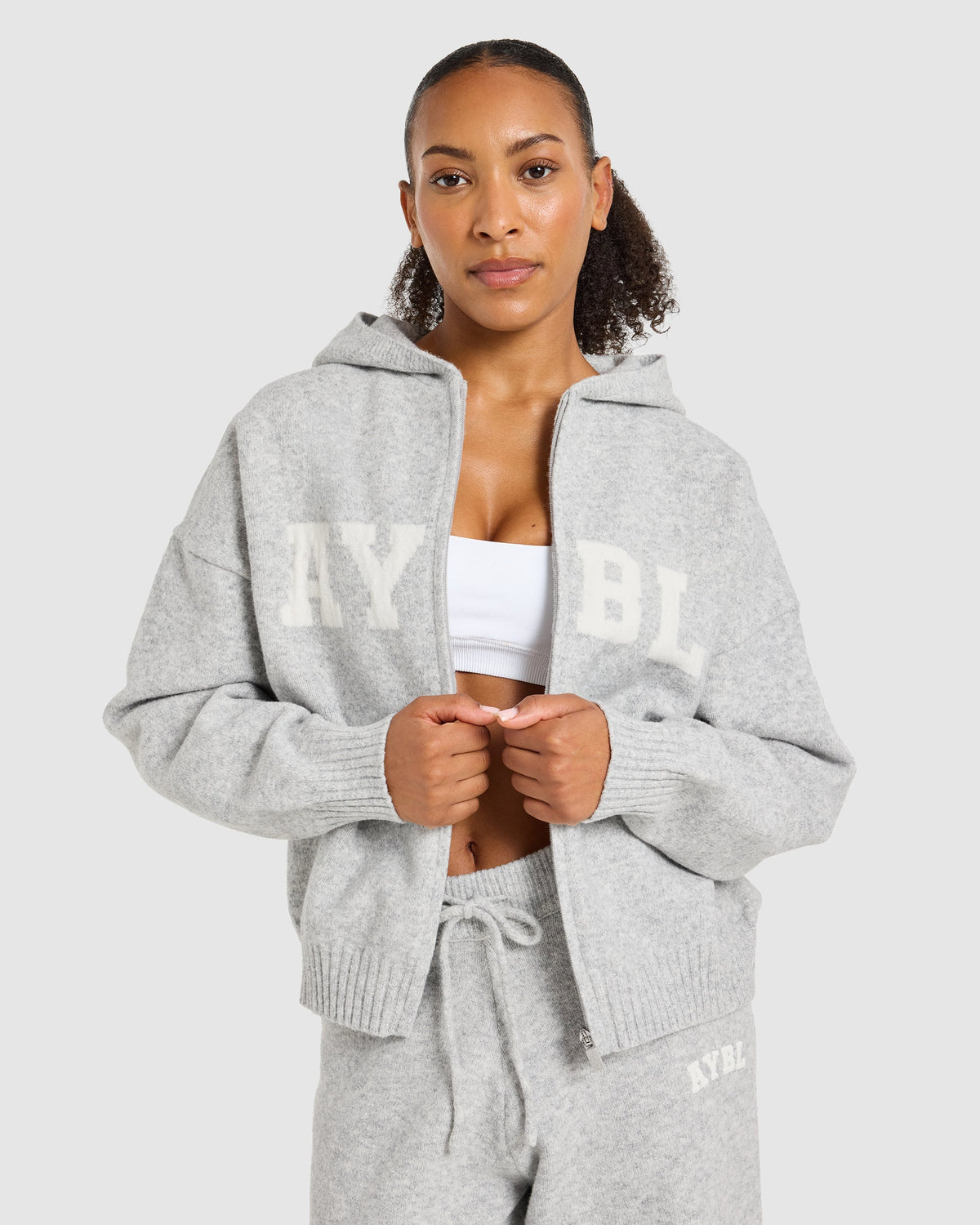 Varsity Oversized Knitted Zip Up Hoodie - Gris Marl