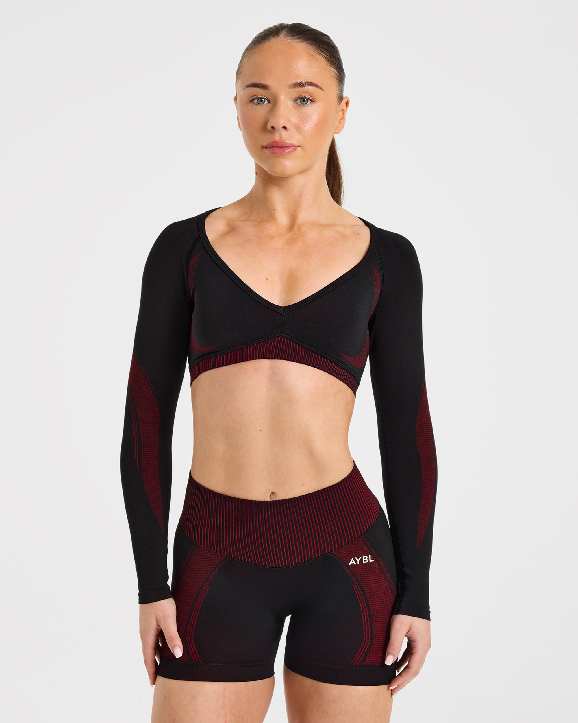 Charge Seamless Long Sleeve Crop Top - Noir/Rouge