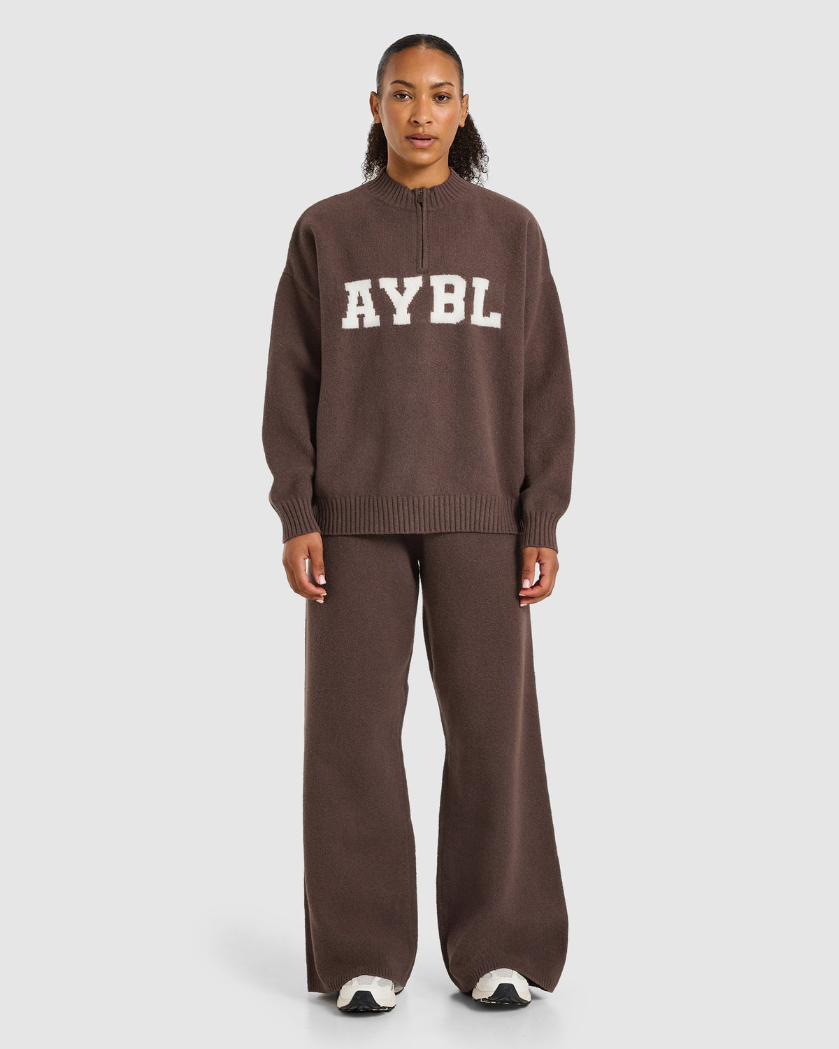 Varsity Oversized Knitted 1/4 Zip Pullover - Marron