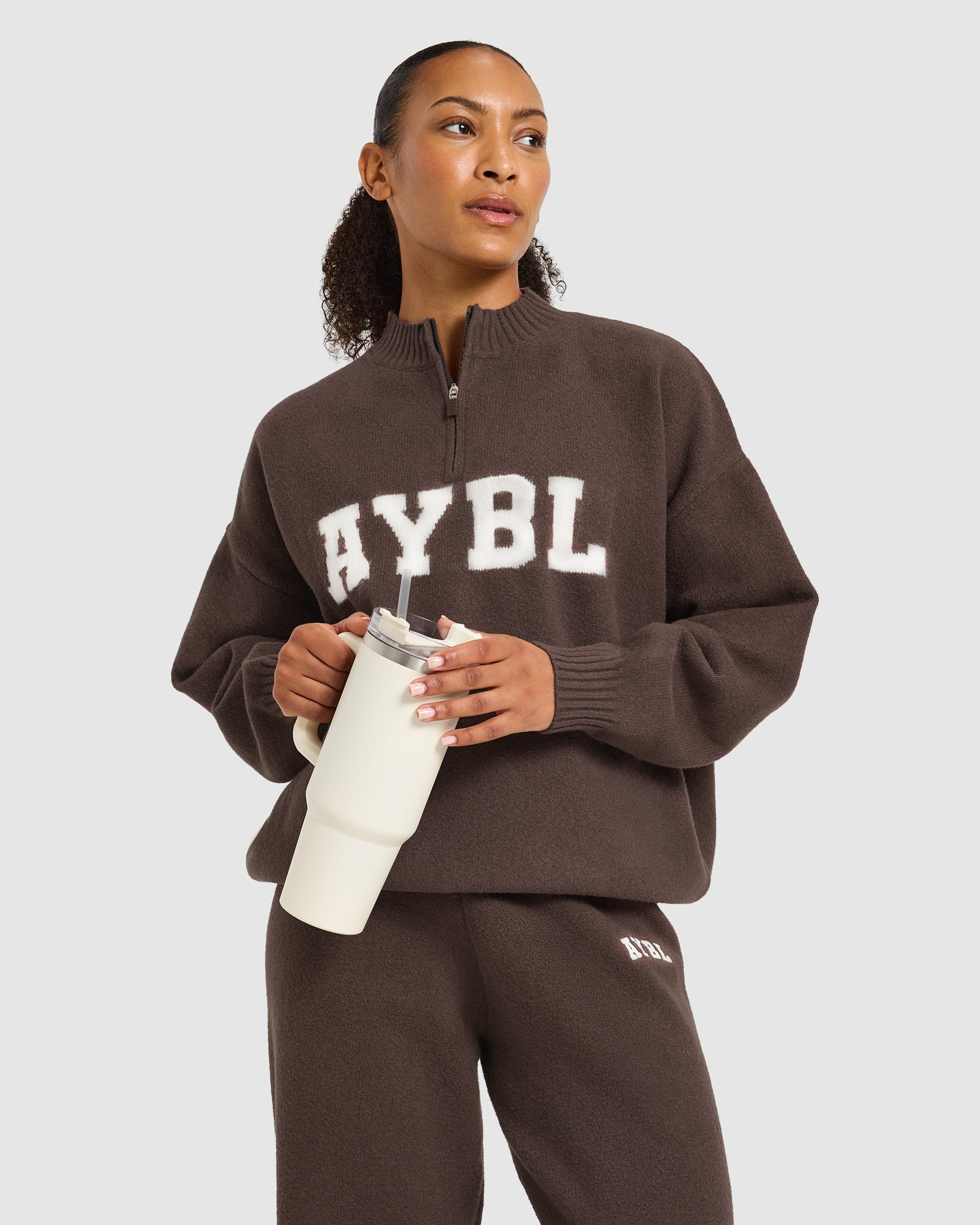 Varsity Oversized Knitted 1/4 Zip Pullover - Marron