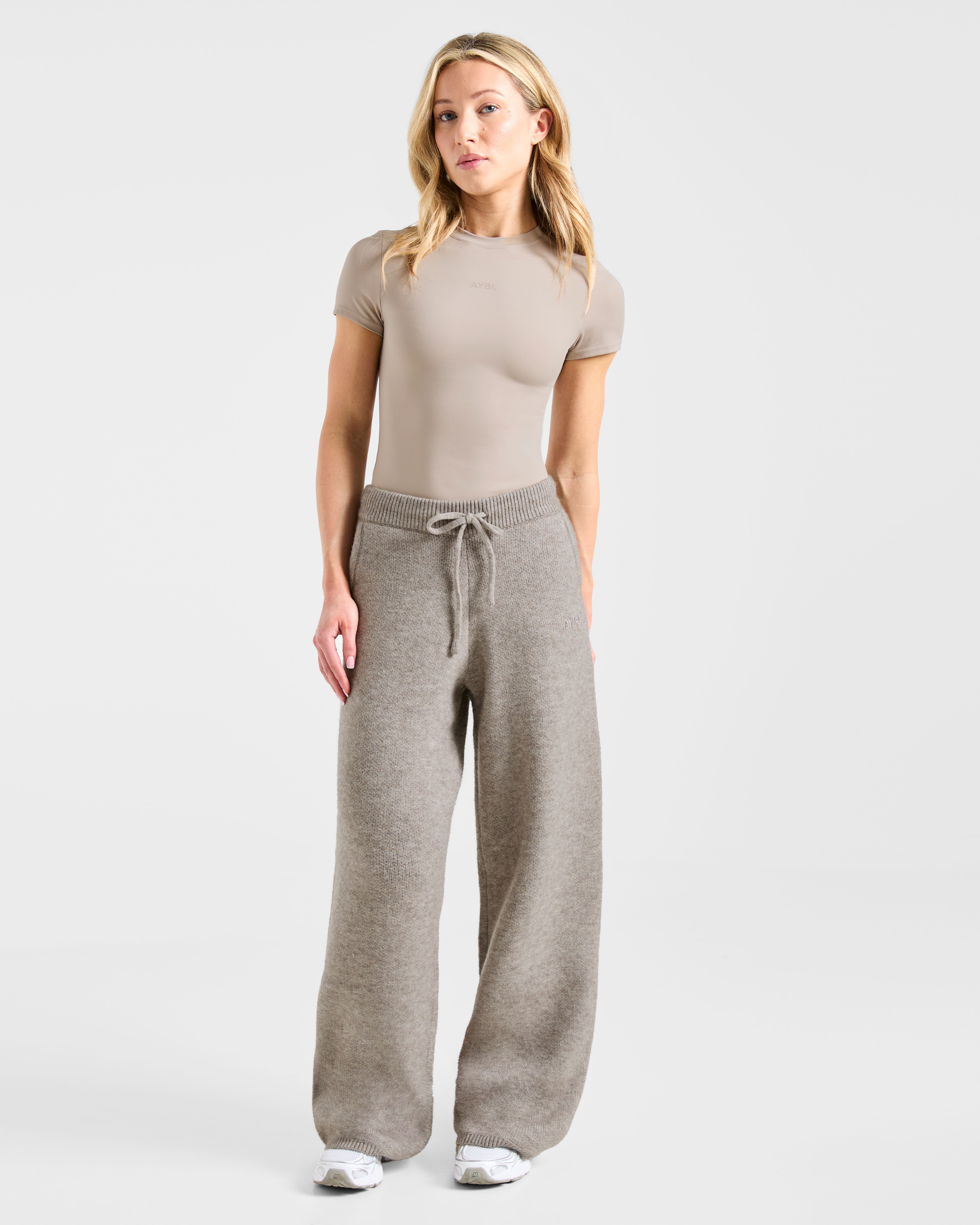 Soft Oversized Knitted Straight Leg Joggers - Marron Marl