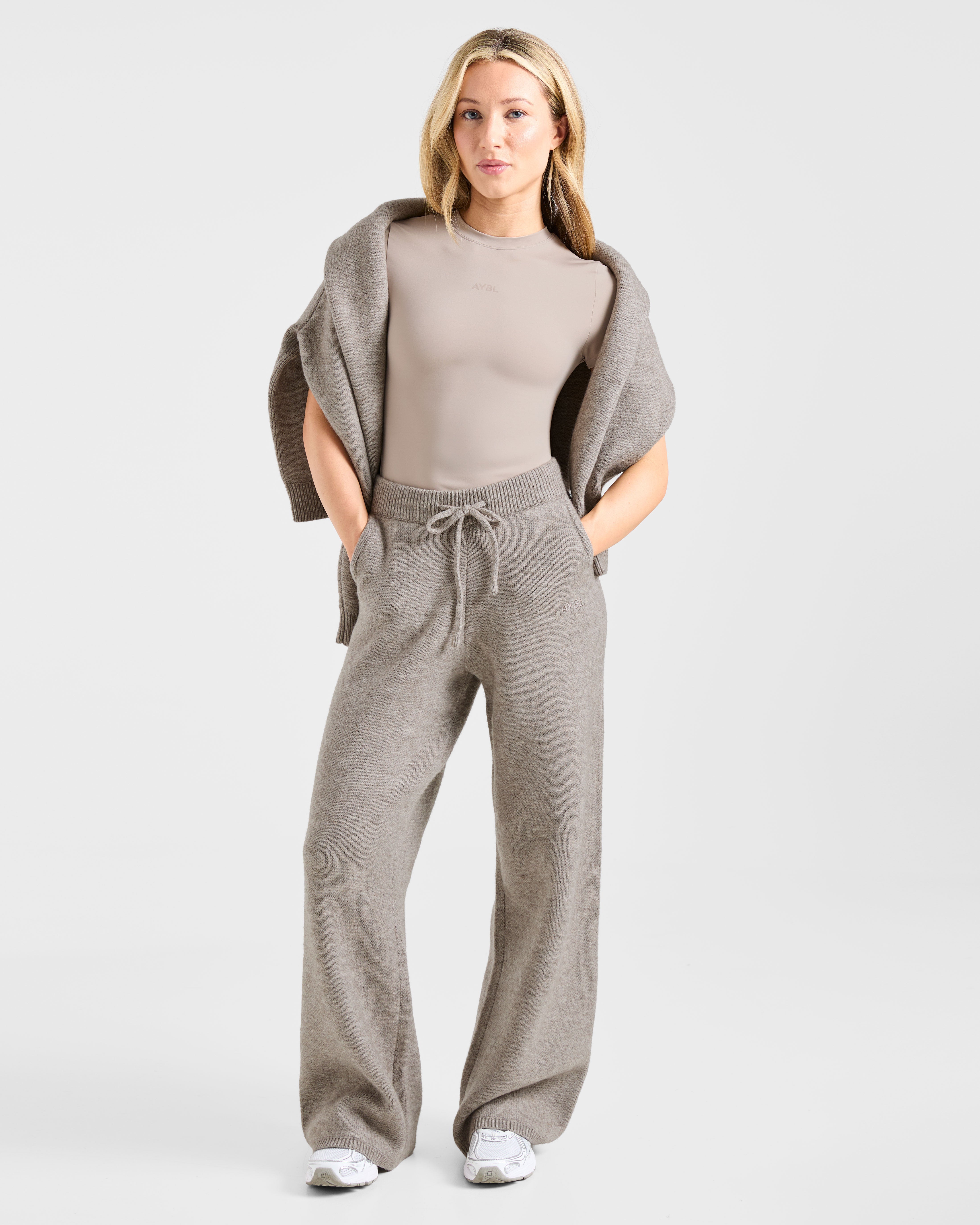 Soft Oversized Knitted Straight Leg Joggers - Marron Marl