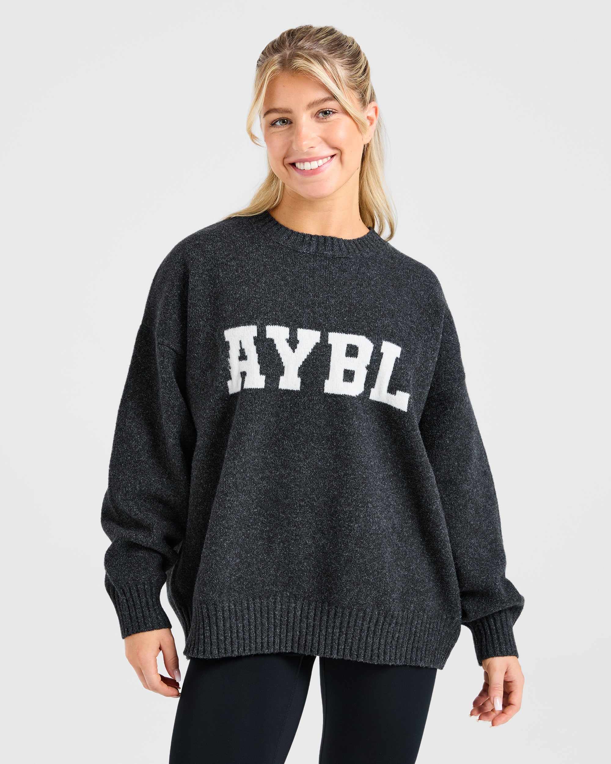 Varsity Oversized Knitted Sweater - Charcoal