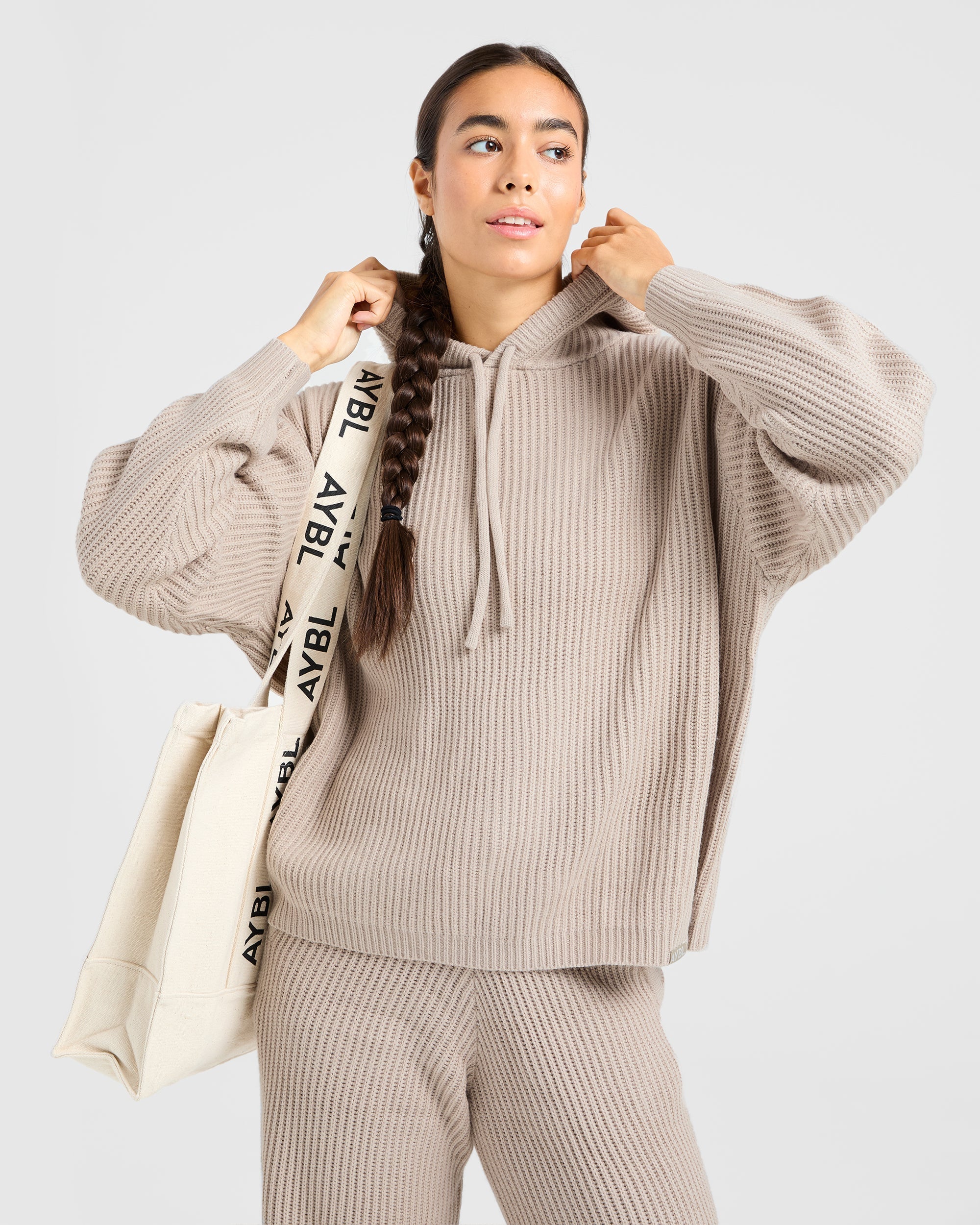 Lounge Oversized Knit Hoodie - Taupe Brun