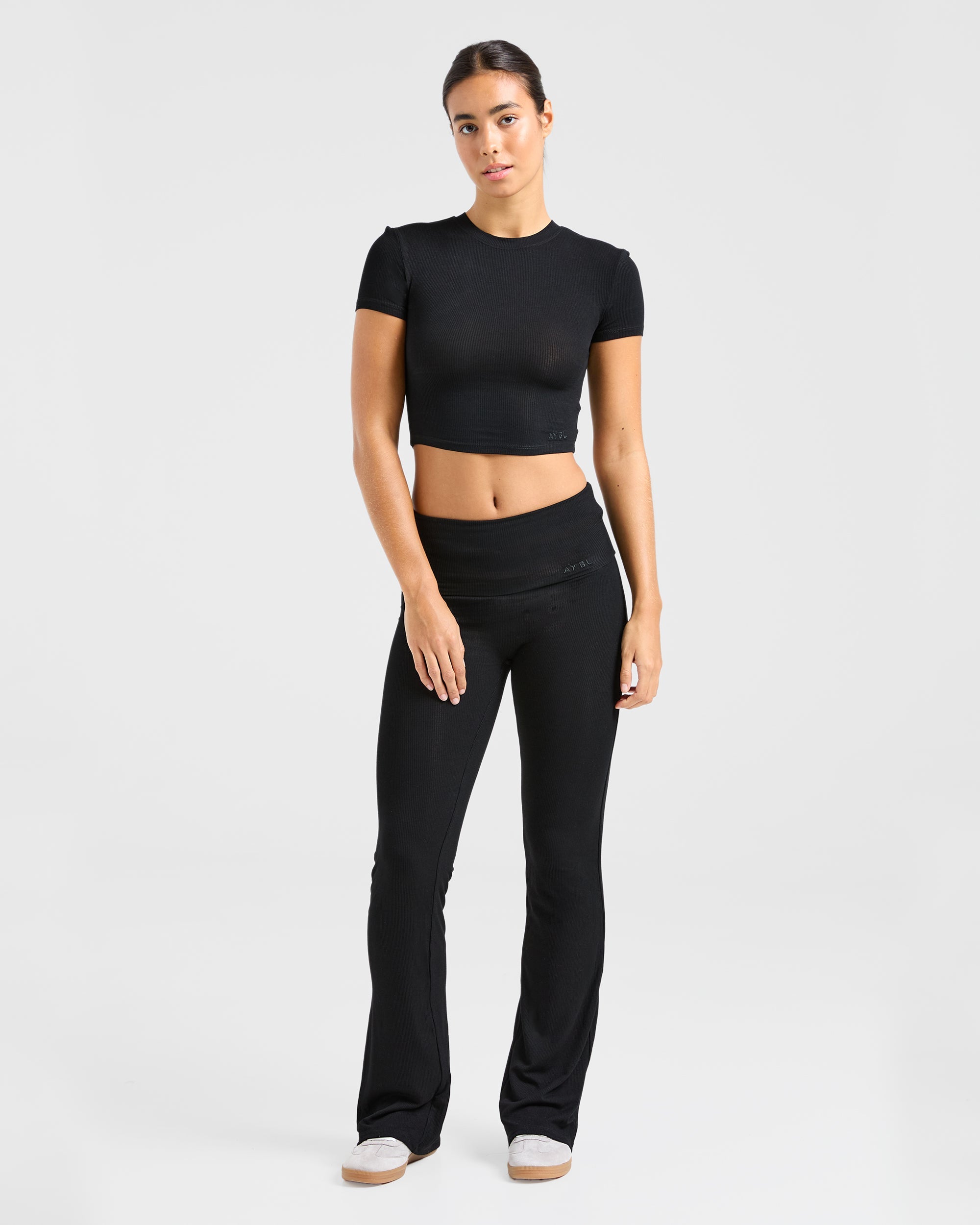 Lounge Ribbed Foldover Flared Leggings - Noir