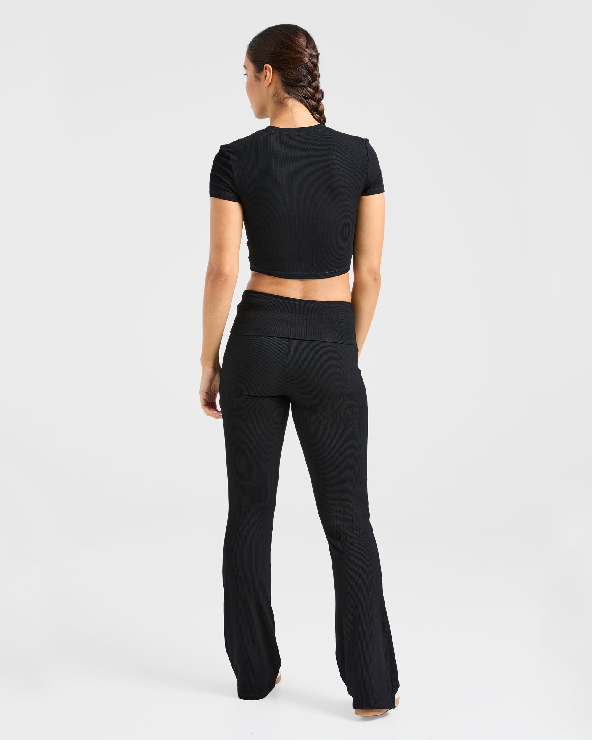 Lounge Ribbed Foldover Flared Leggings - Noir