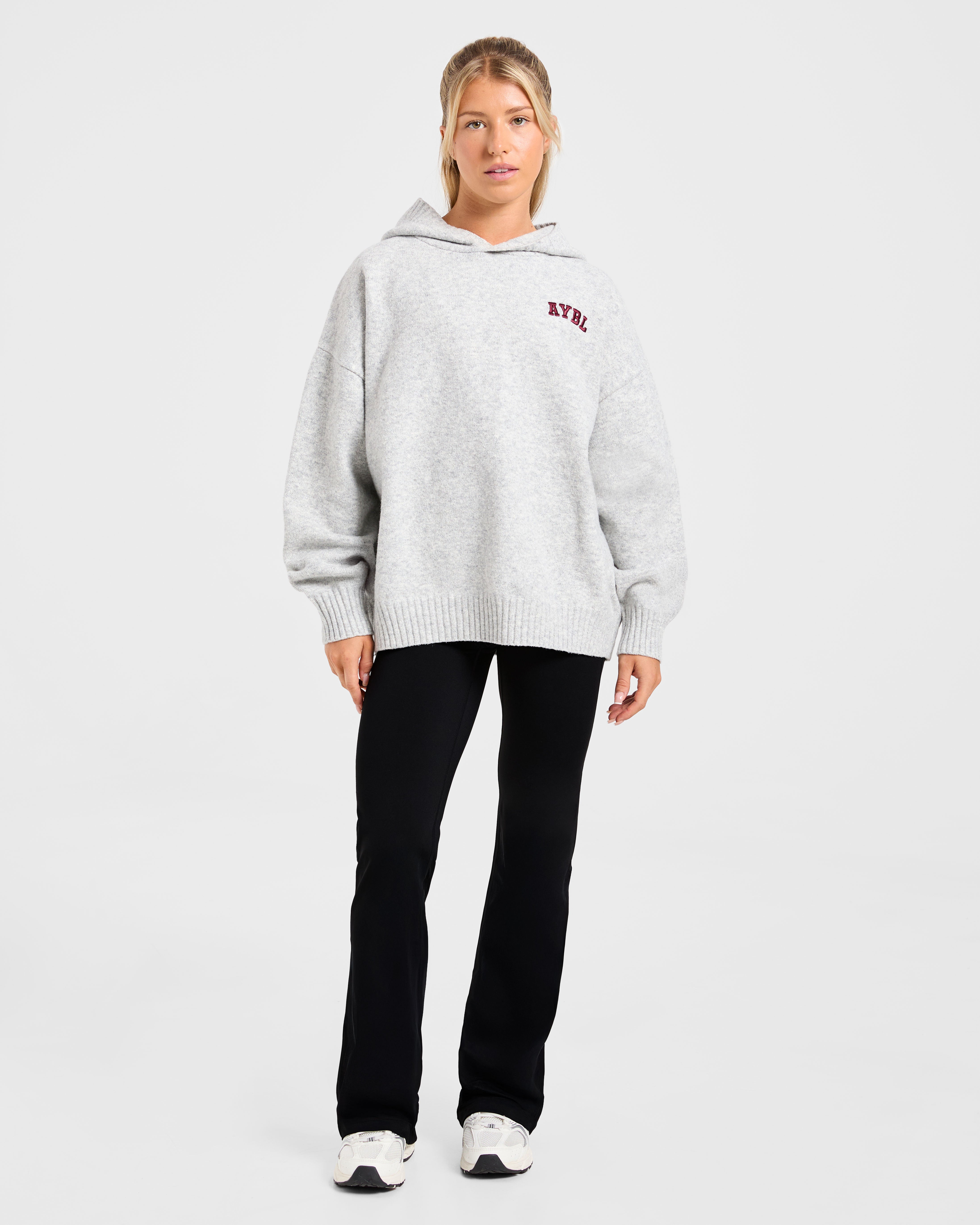 Varsity Minimal Logo Oversized Knitted Hoodie - Gris Marl/Burgundy