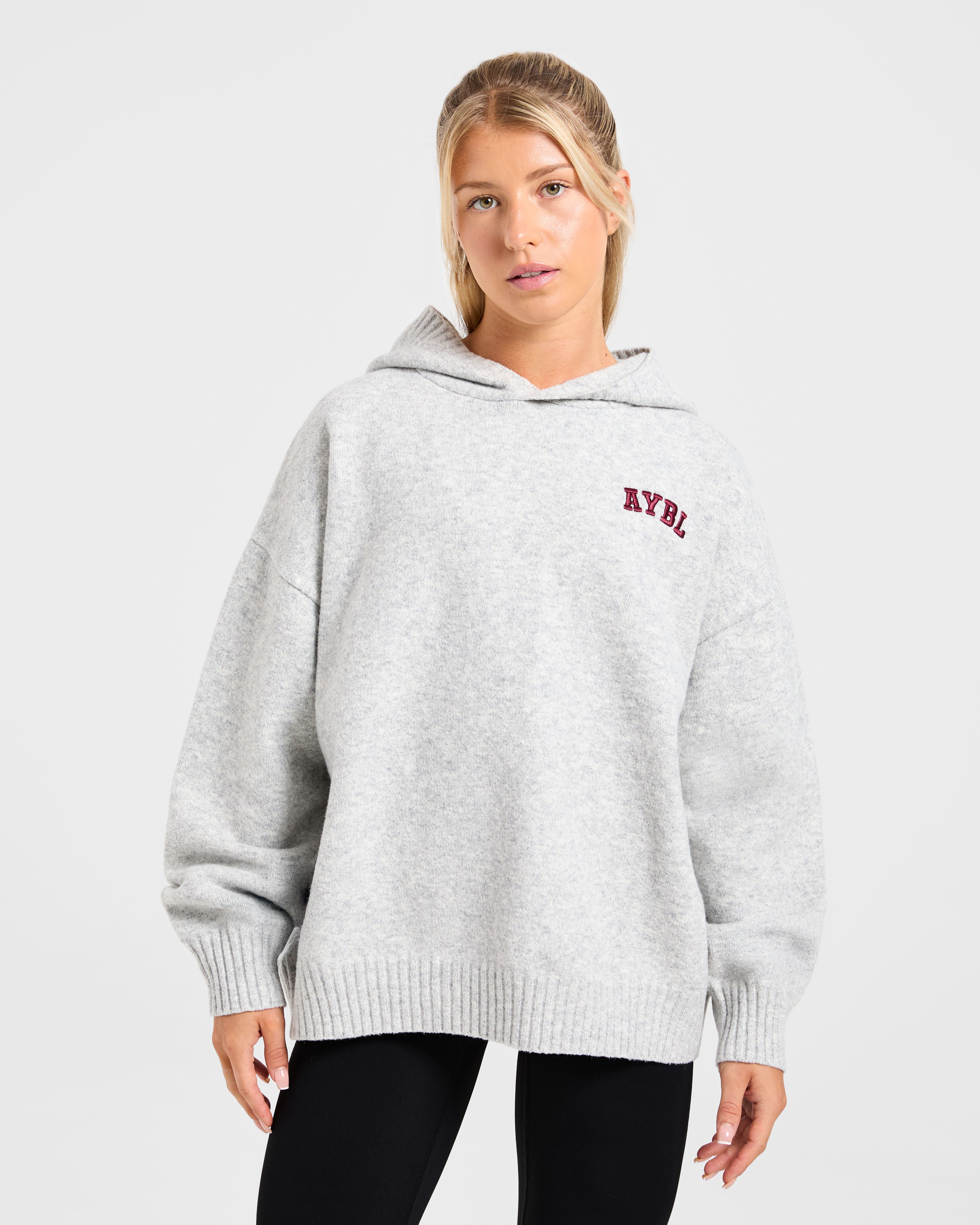 Varsity Minimal Logo Oversized Knitted Hoodie - Gris Marl/Burgundy