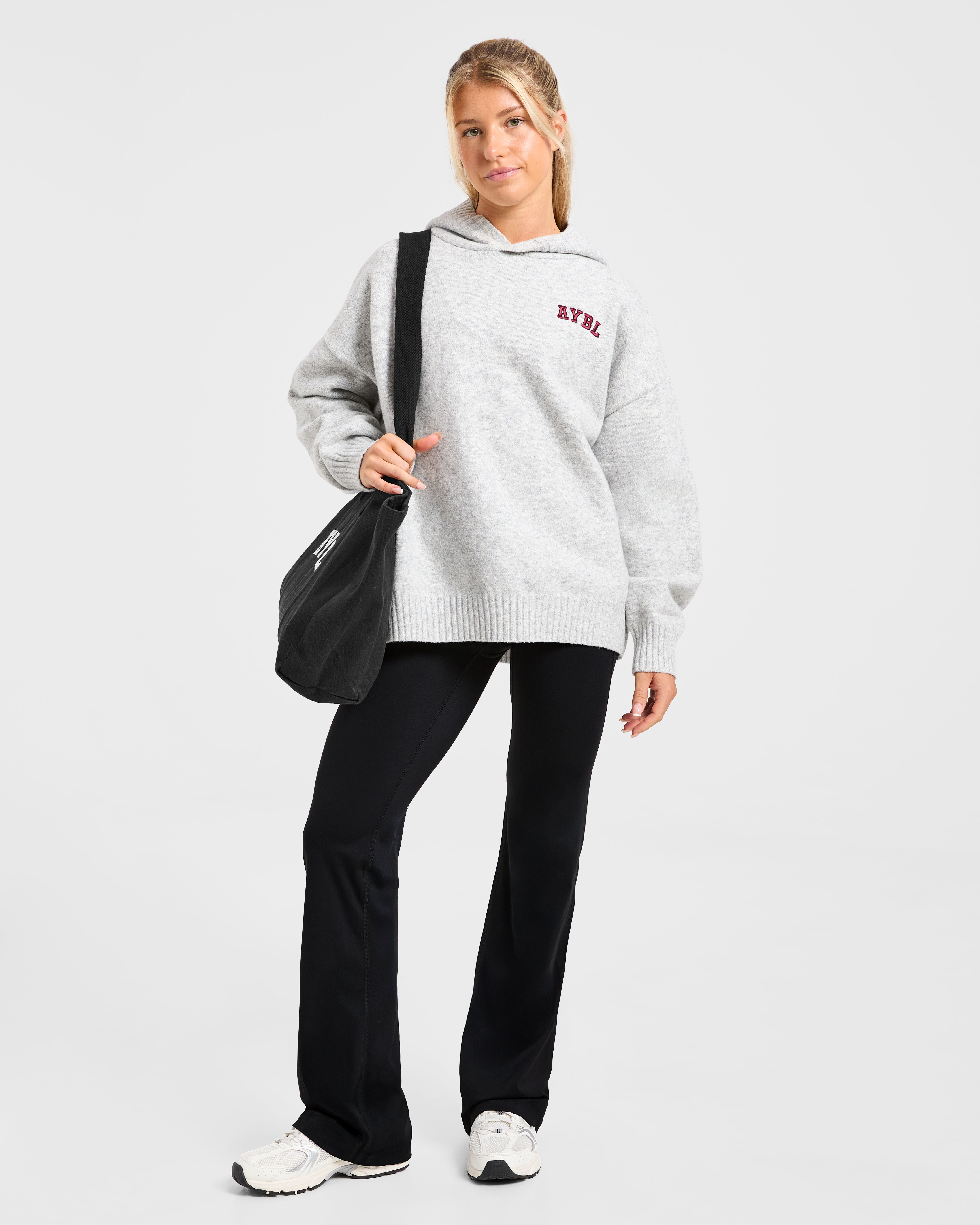 Varsity Minimal Logo Oversized Knitted Hoodie - Gris Marl/Burgundy