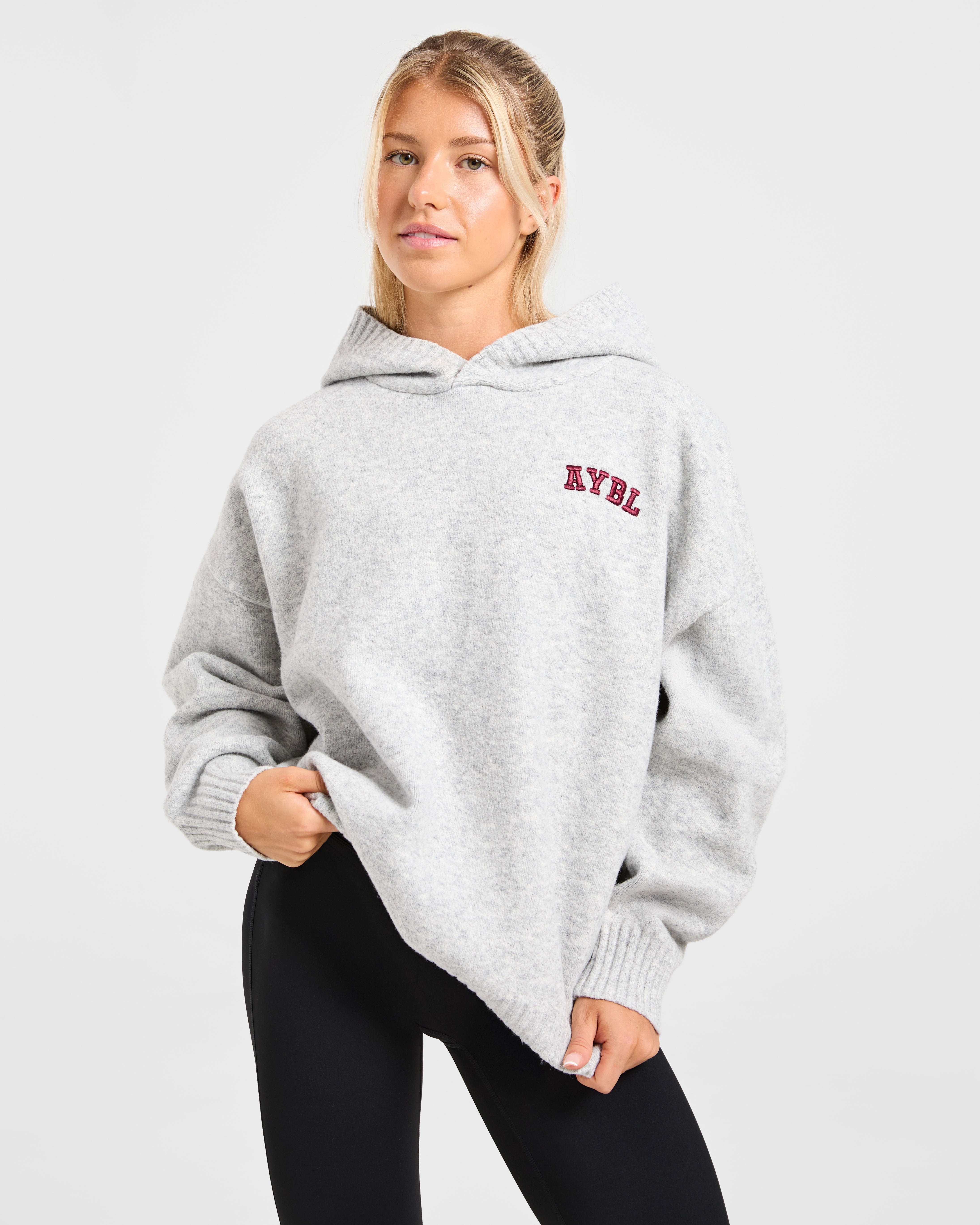 Varsity Minimal Logo Oversized Knitted Hoodie - Gris Marl/Burgundy