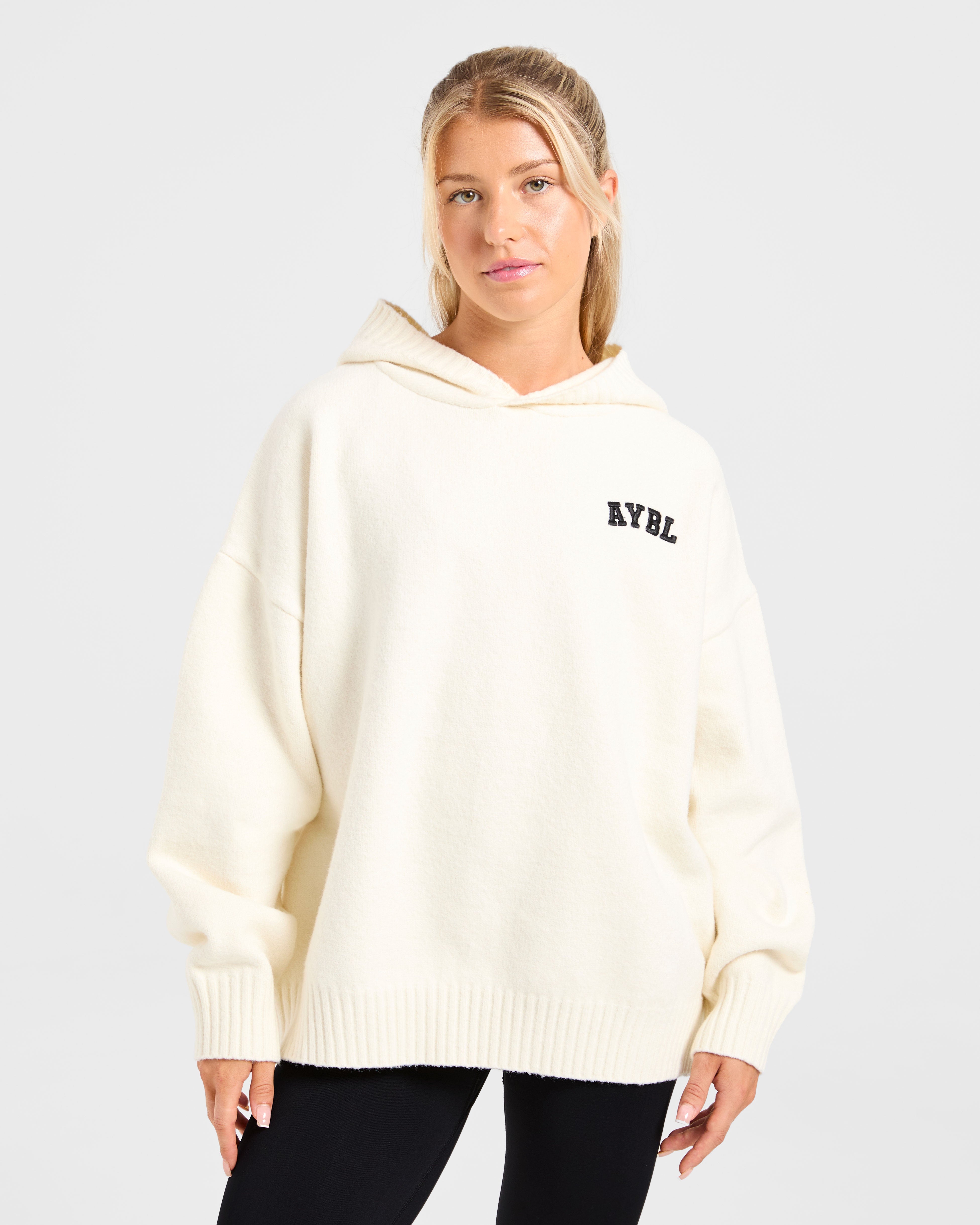 Varsity Minimal Logo Oversized Knitted Hoodie - Crème