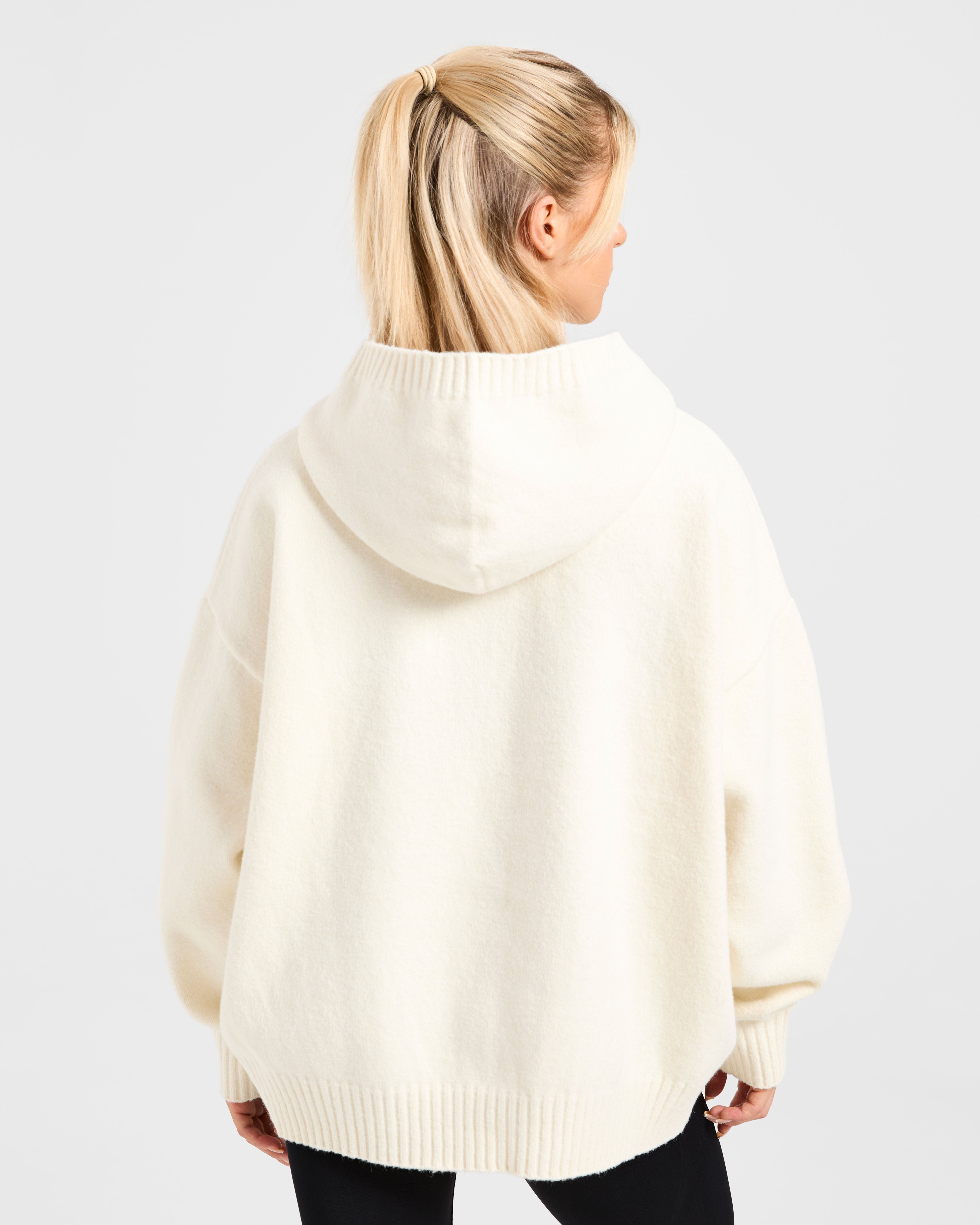 Varsity Minimal Logo Oversized Knitted Hoodie - Crème