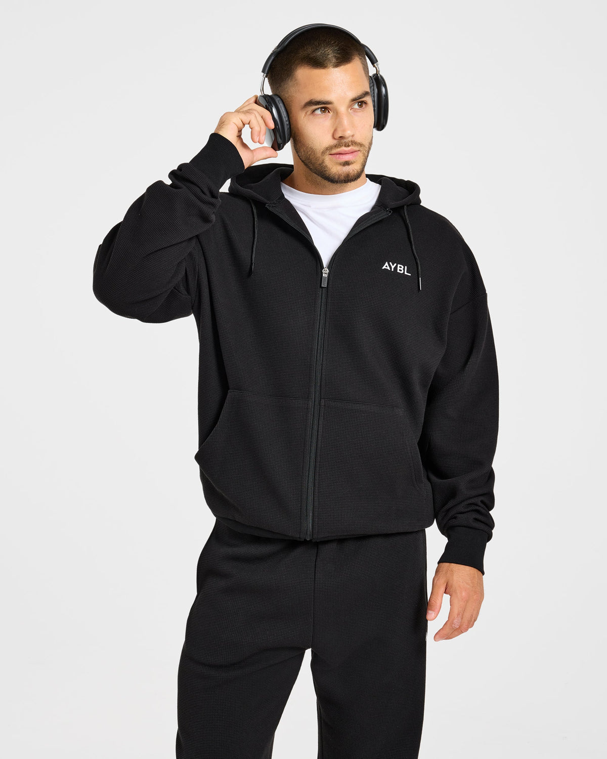 Waffle Oversized Full Zip Hoodie - Noir