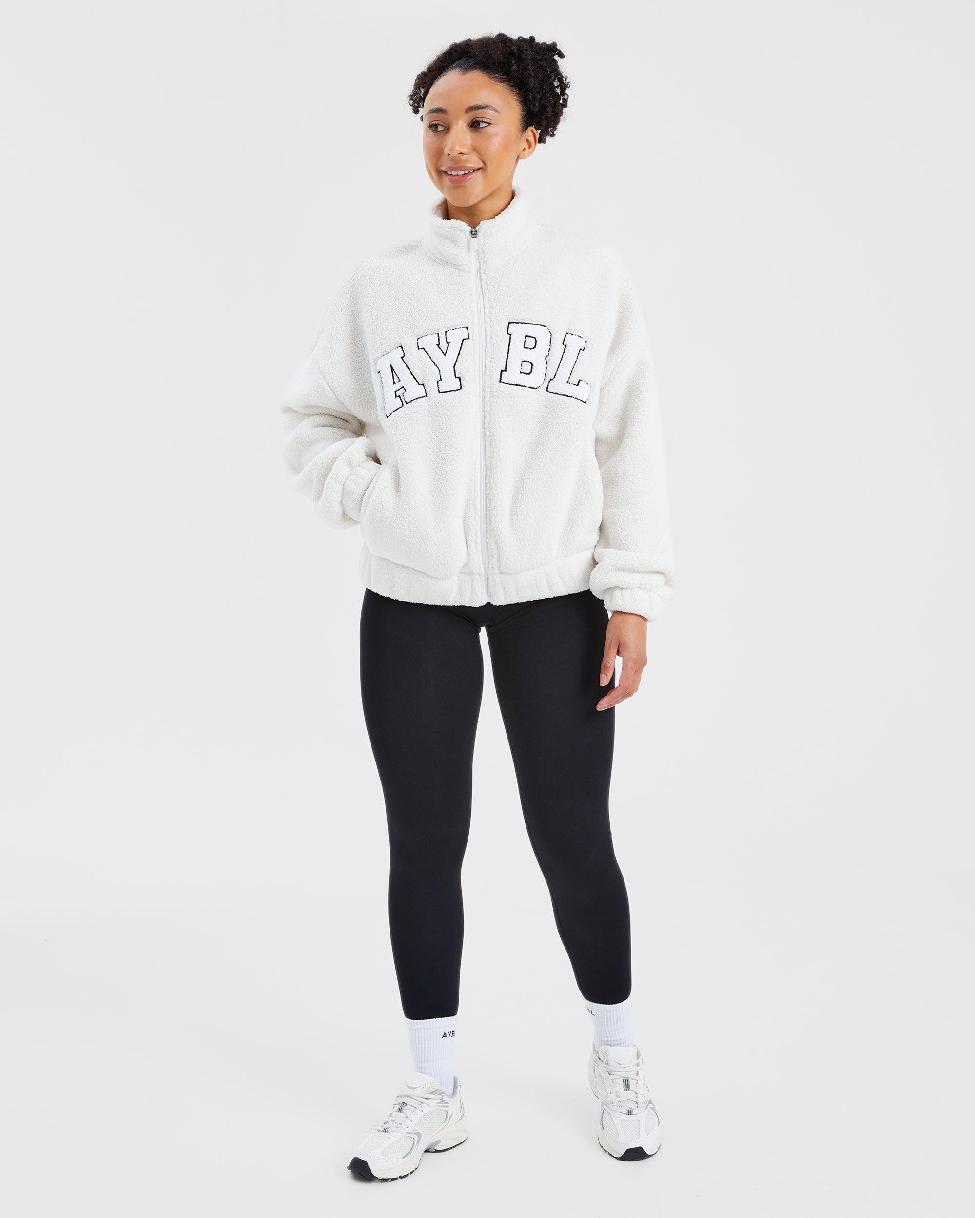 Varsity Oversized Fleece Zip Up Jacket - Cream/White