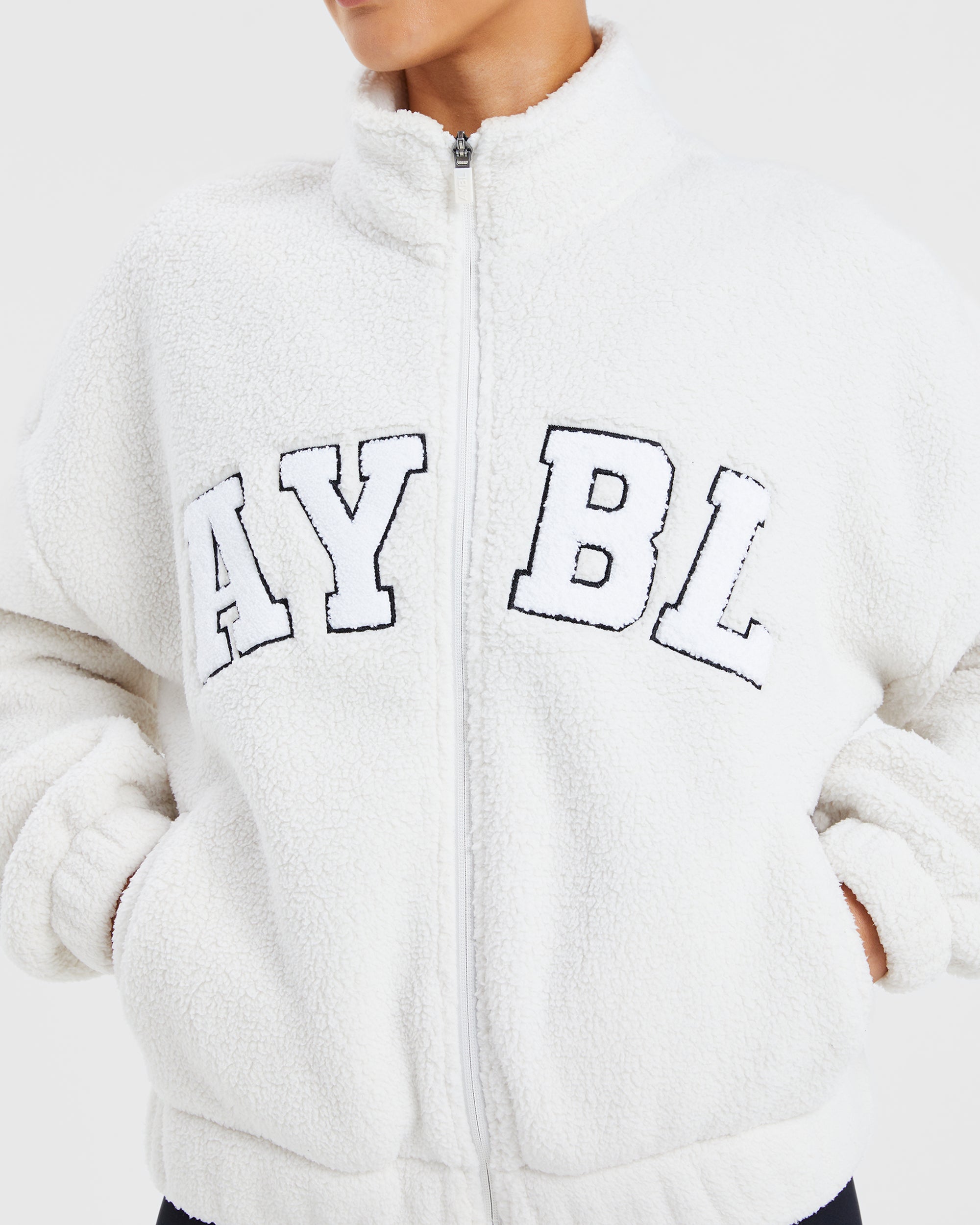 Varsity Oversized Fleece Zip Up Jacket - Cream/White