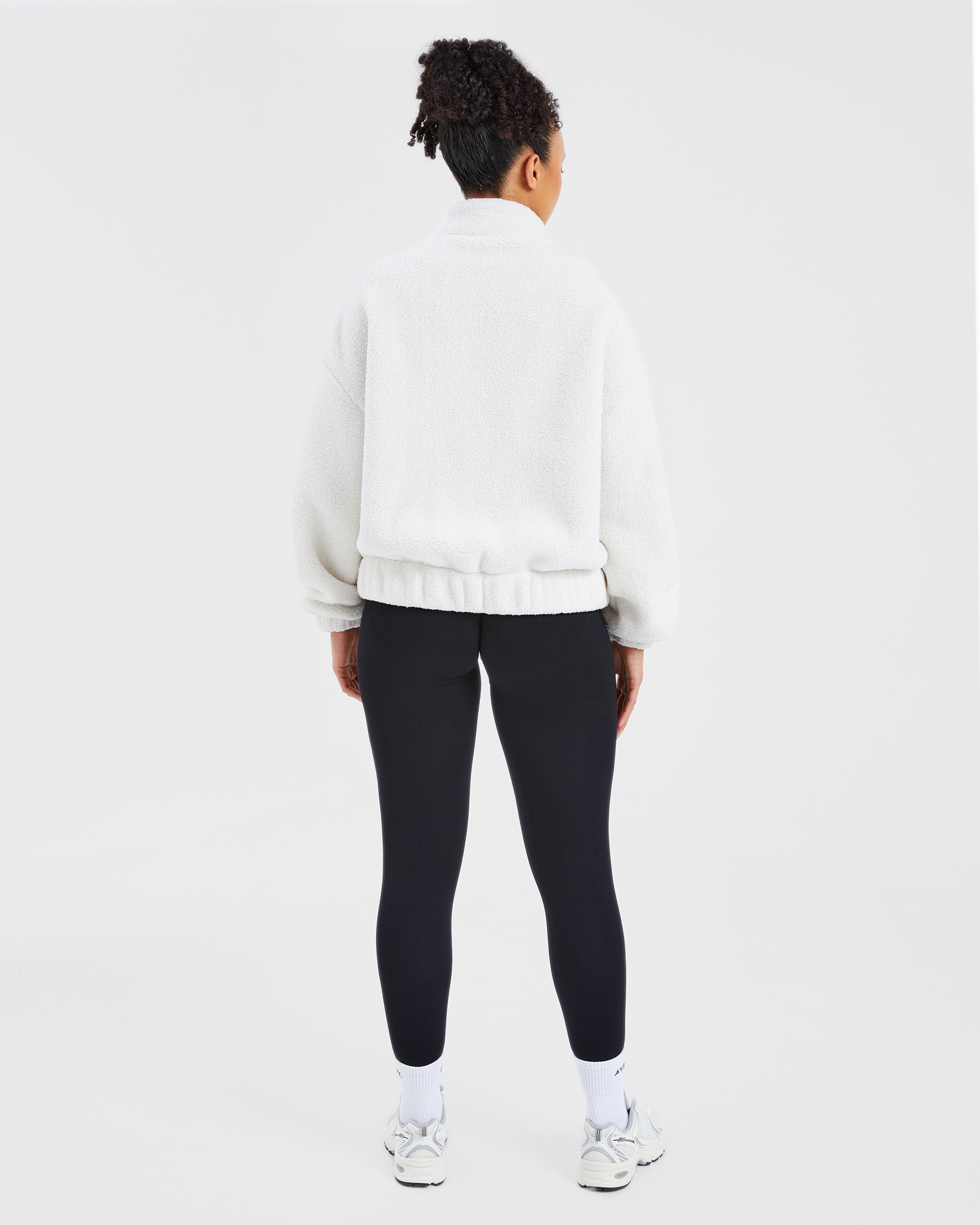 Varsity Oversized Fleece Zip Up Jacket - Cream/White