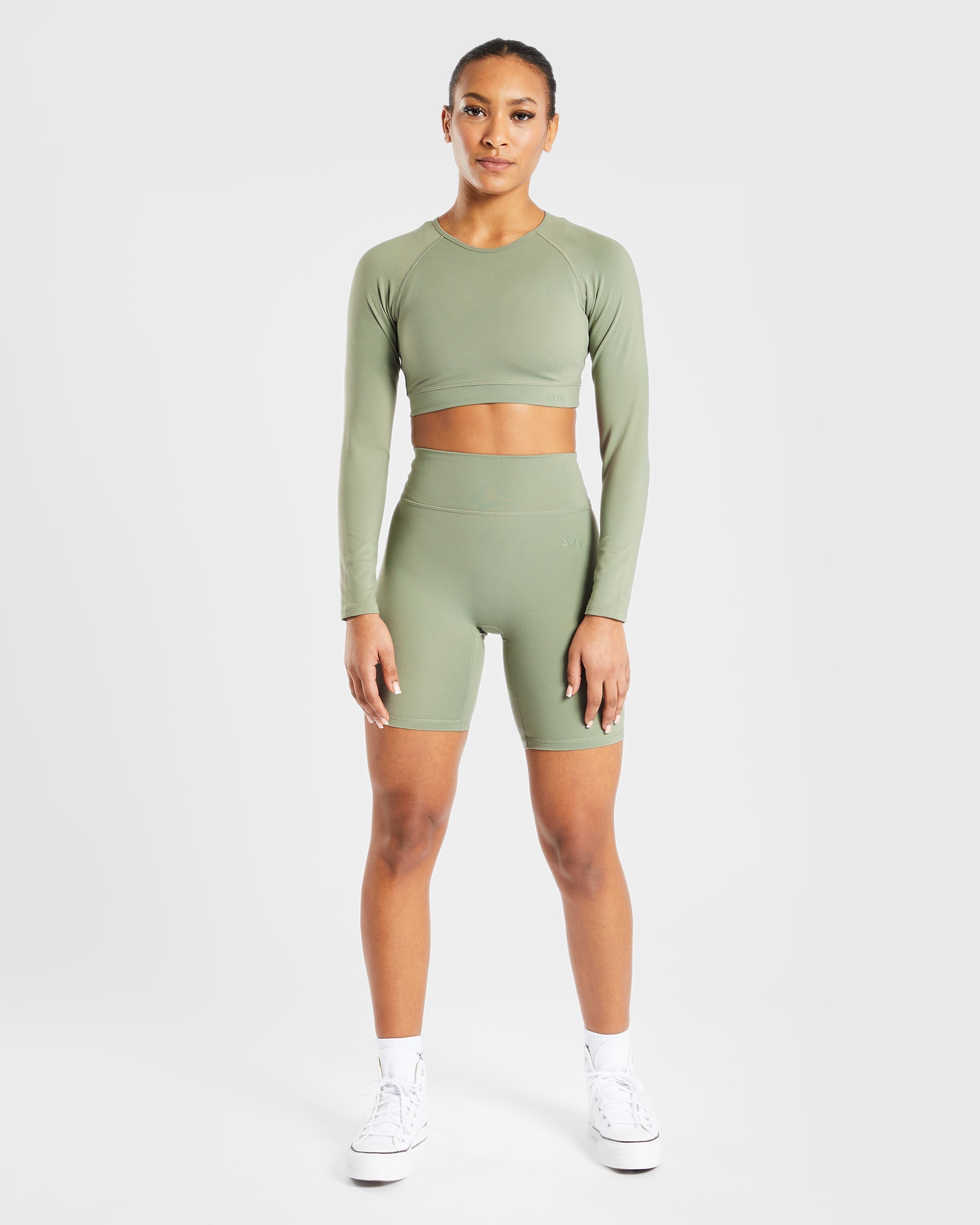 Staple Long Sleeve Crop Top - Olive Vert