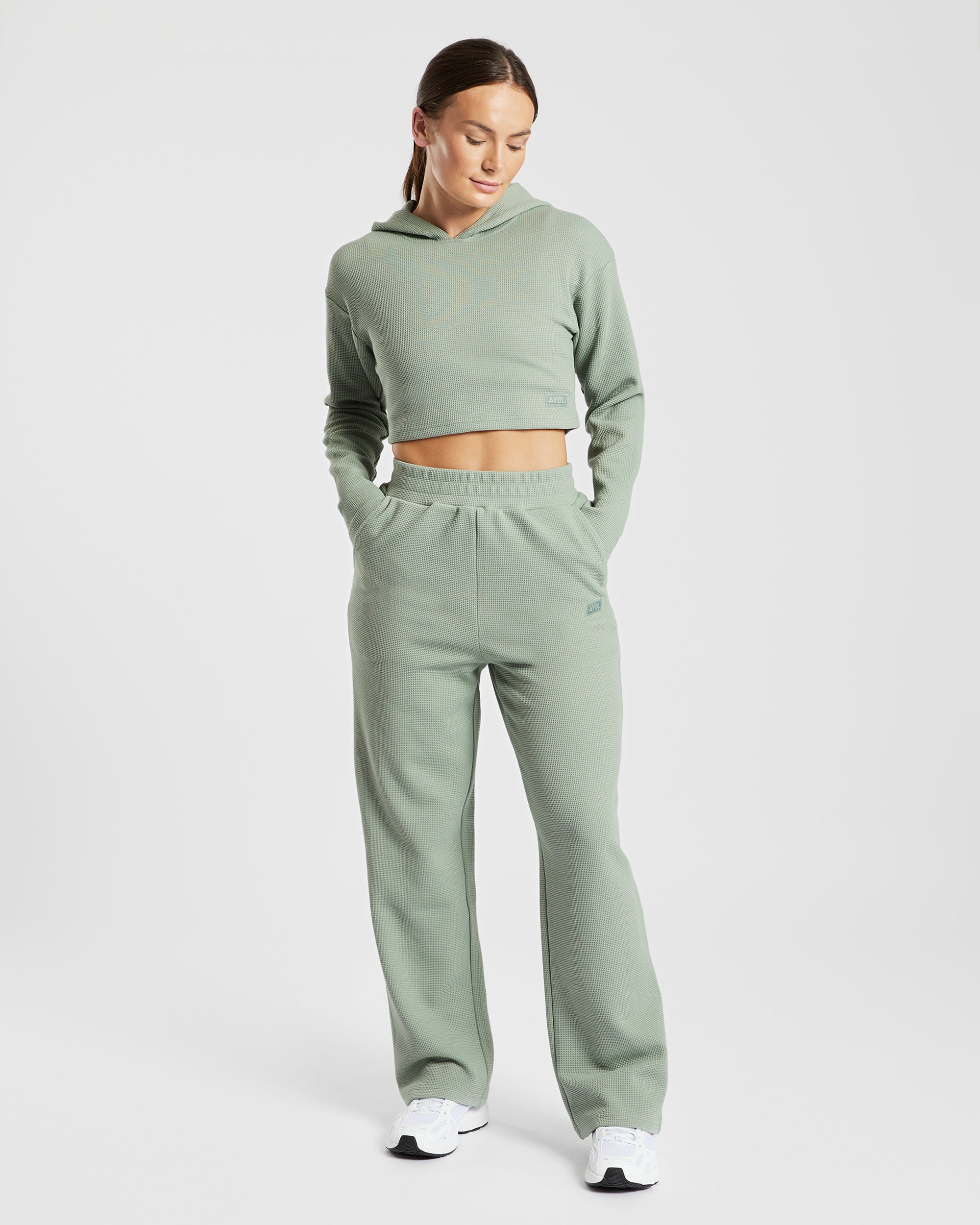 Waffle Crop Hoodie - Sage Vert