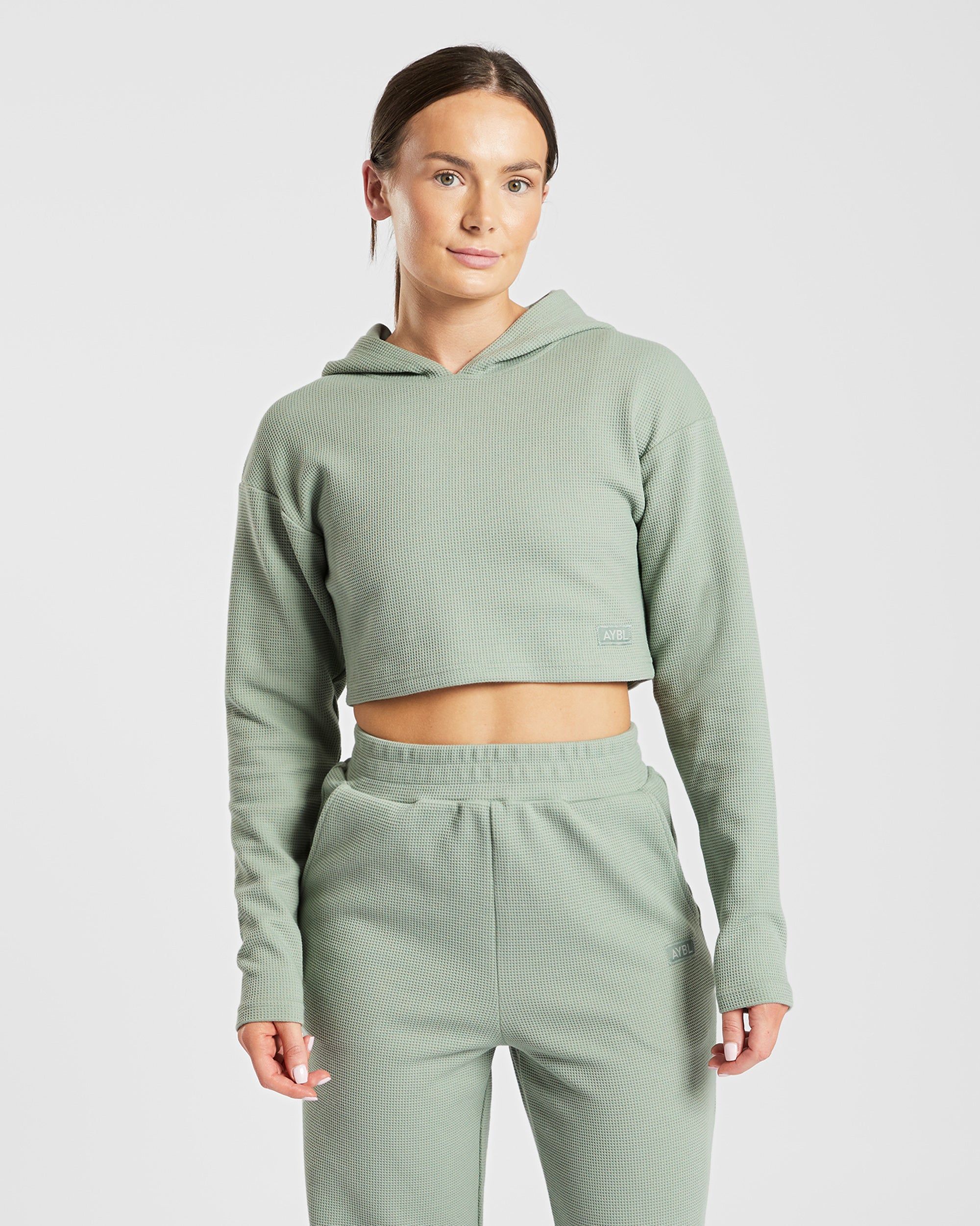 Waffle Crop Hoodie - Sage Vert